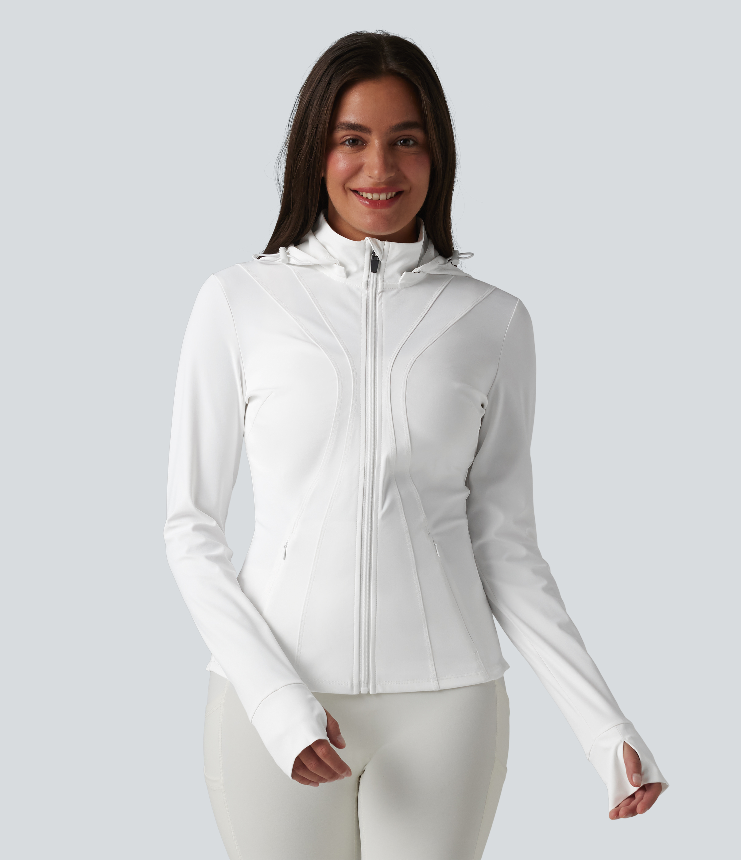White Removable Hood Thumb Holes Ruffle Hem Slim Hiking Jacket / 2