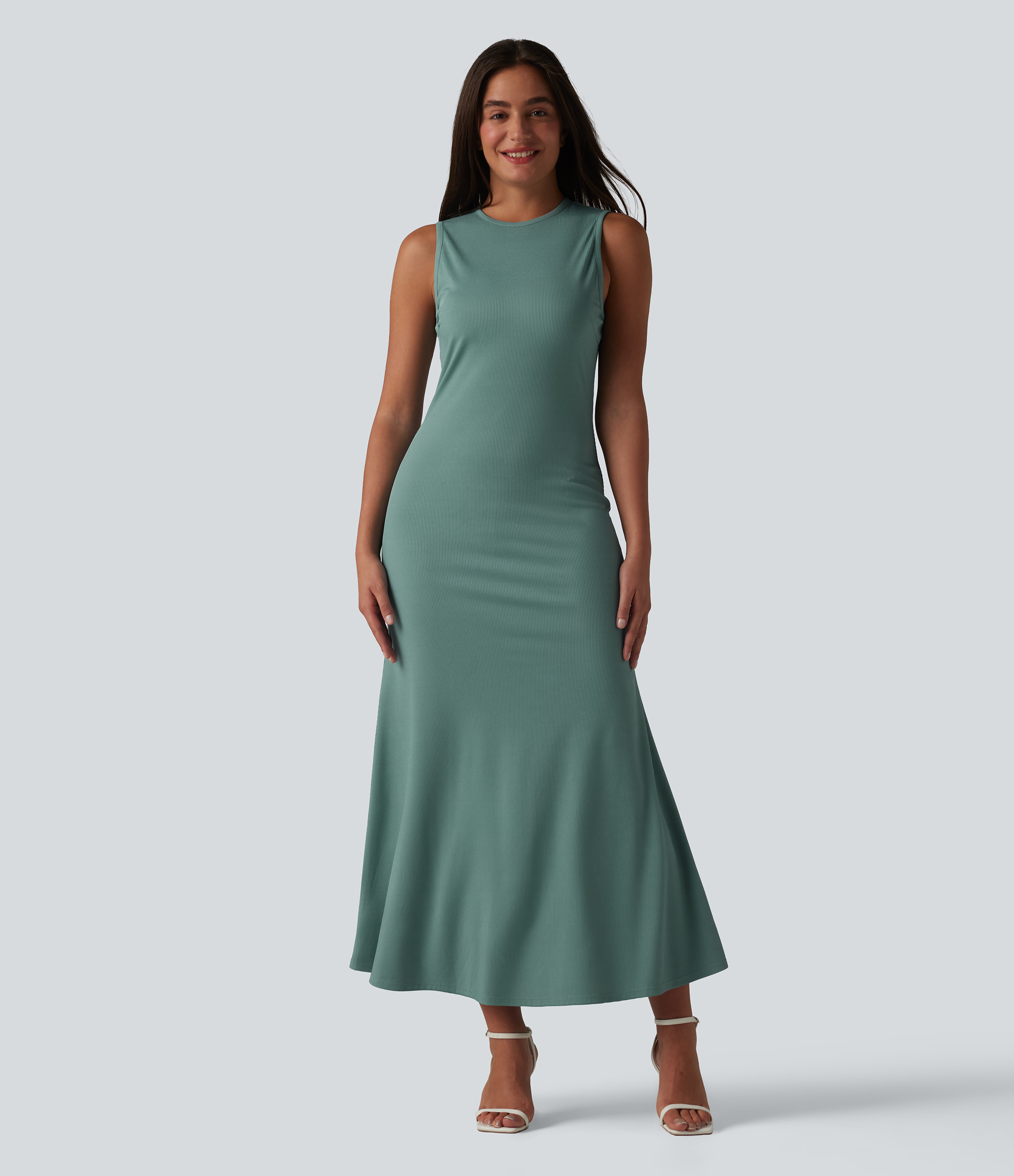 Ribbed Knit Round Neck Sleeveless Midi Casual Dress
