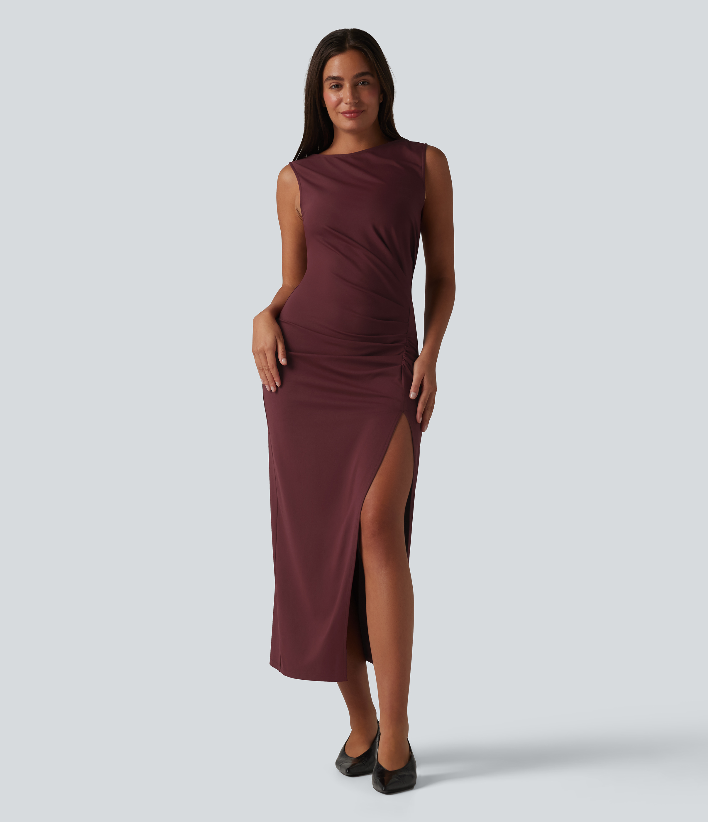 Boat Neck Sleeveless Ruched Midi Casual Dress