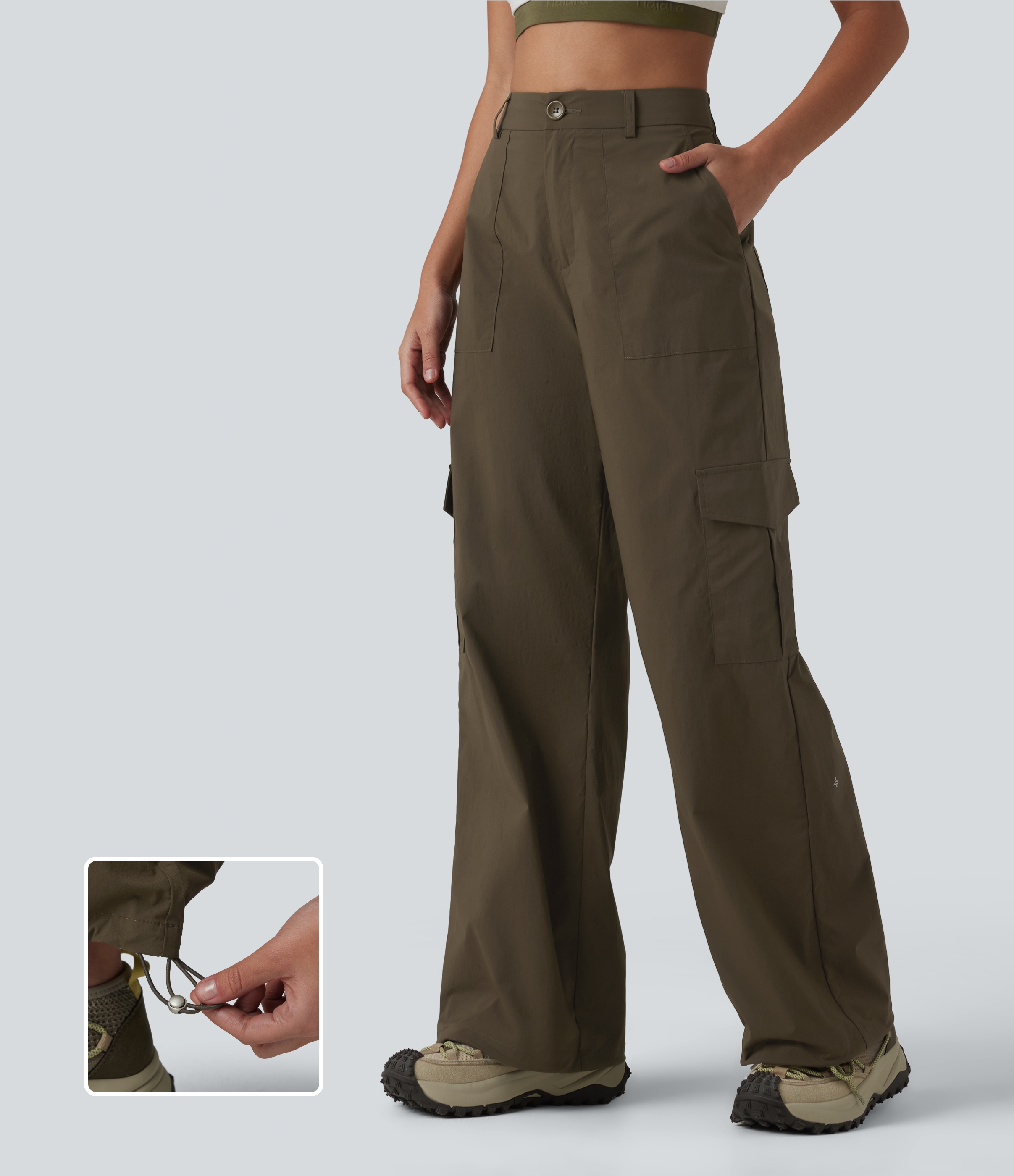 Pantalon cargo droit de randonnée taille haute avec poches
