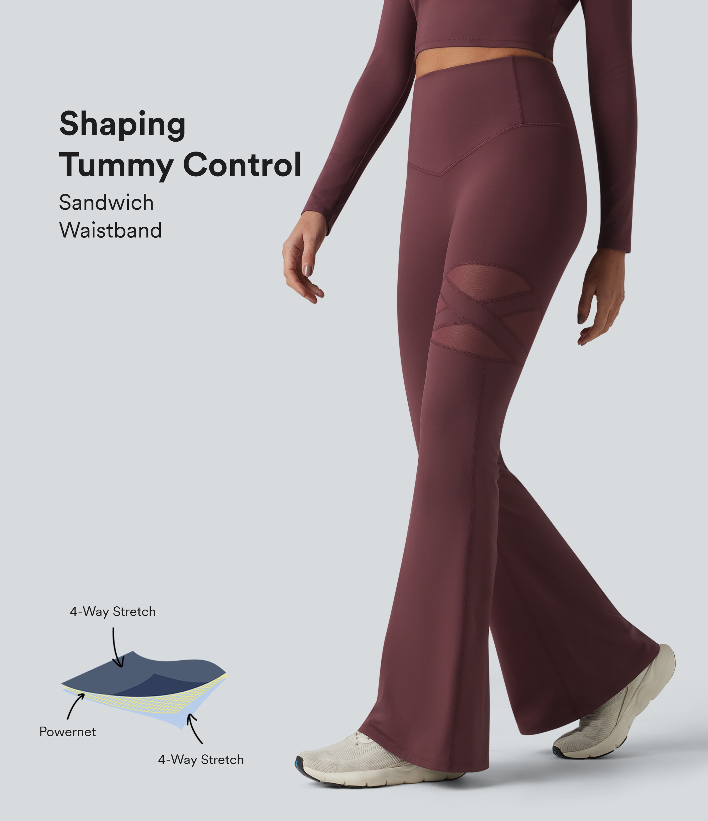 Lässige Flare-Leggings mit hohem Bund, Tasche, Bauchkontrolle und atmungsaktivem Mesh