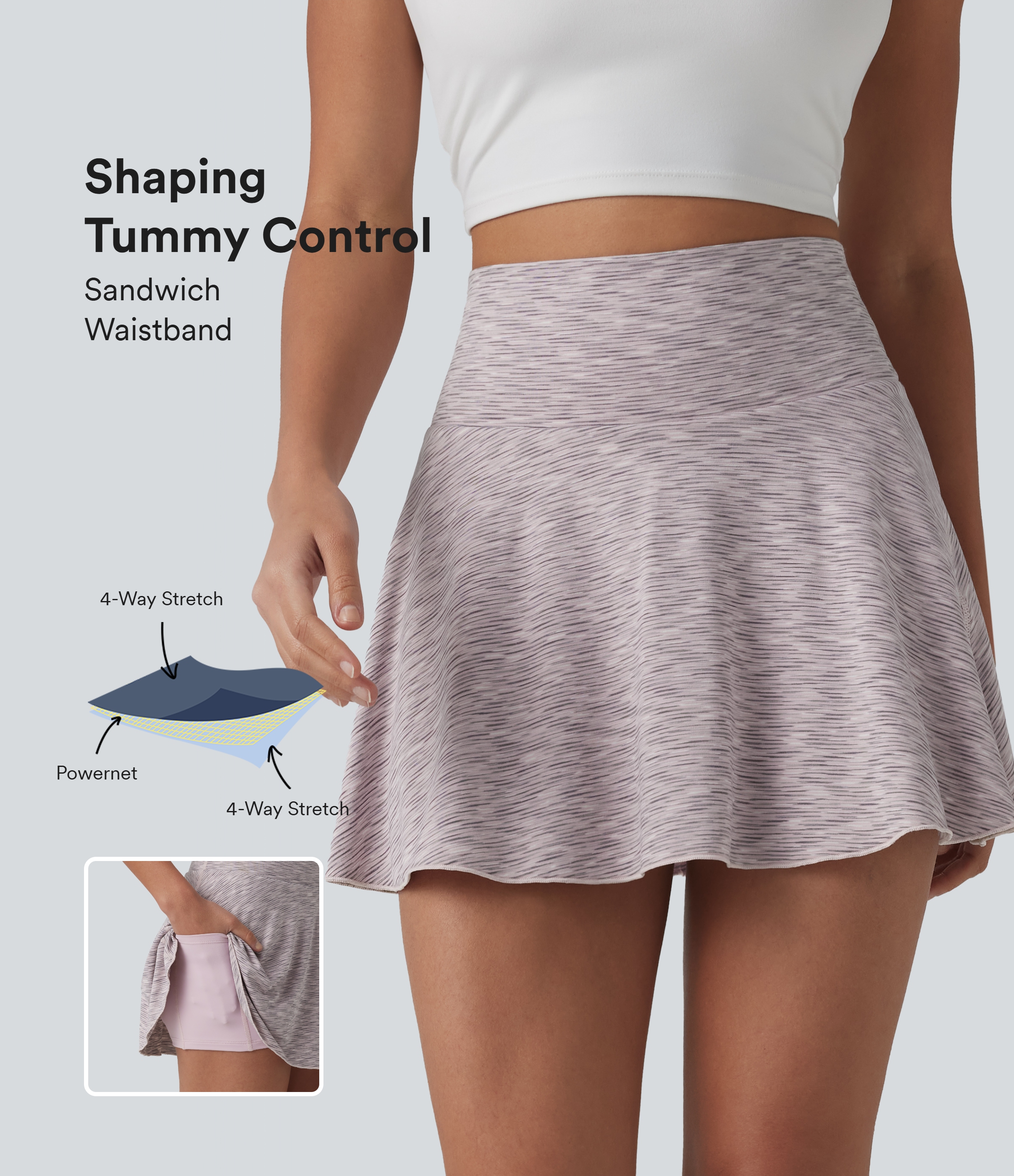 High Waisted Tummy Control 2-in-1 Stripe Mini Workout Skirt with Pockets