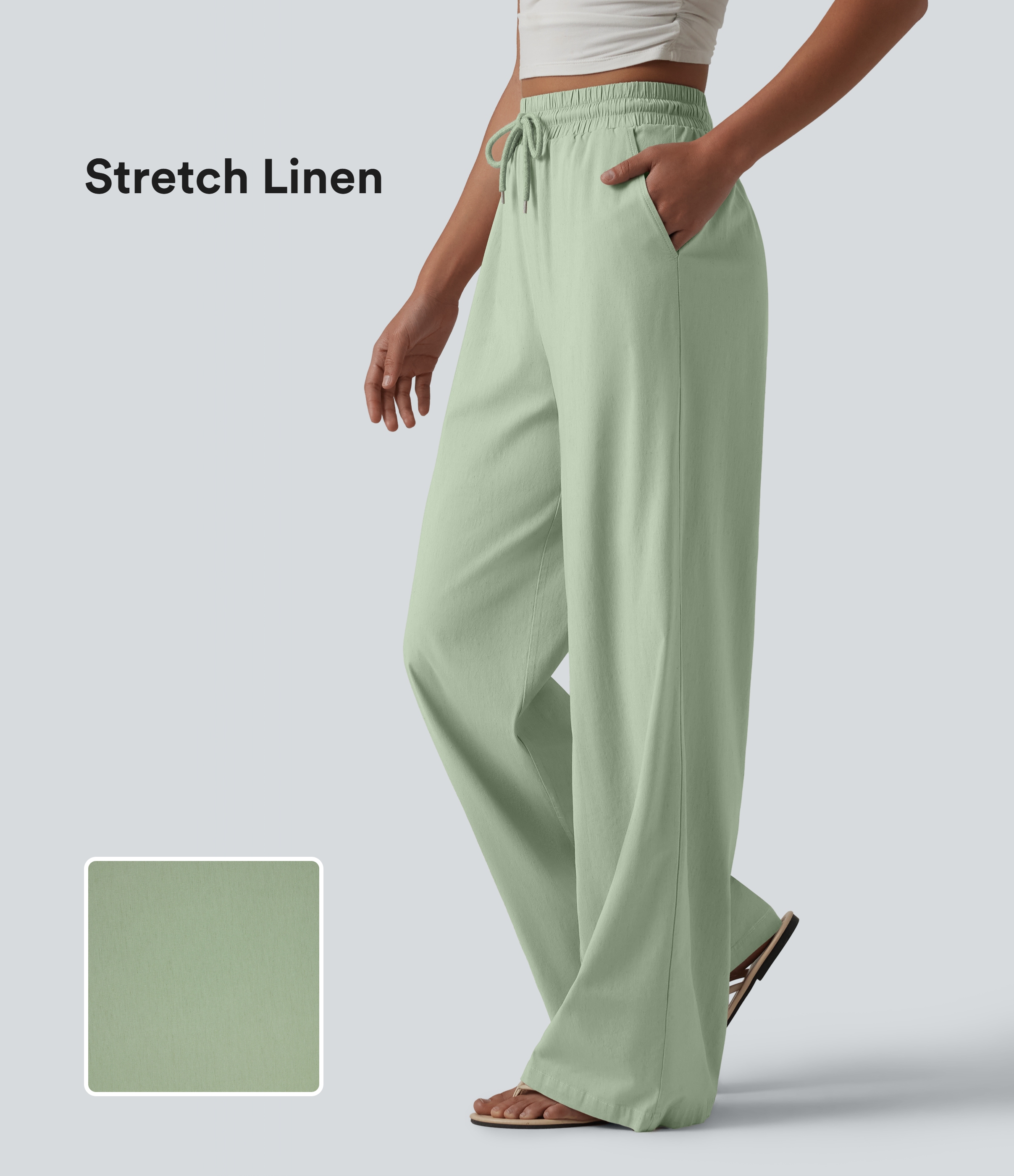High Waisted Drawstring Wide Leg Casual Stretch Linen Pants with Pockets