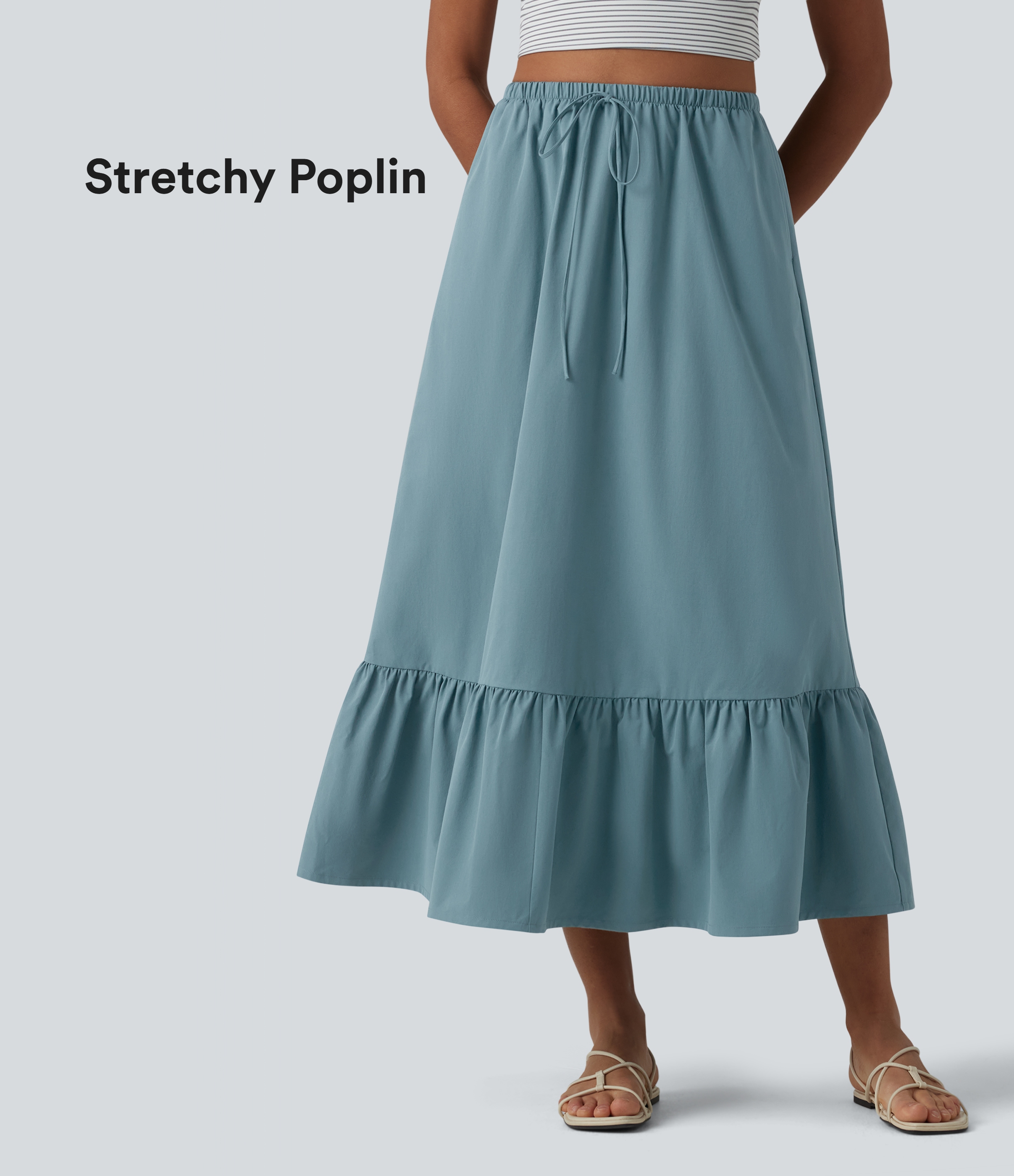High Waisted Drawstring Ruffle Hem A-line Midi Stretchy Poplin Casual Skirt with Pockets