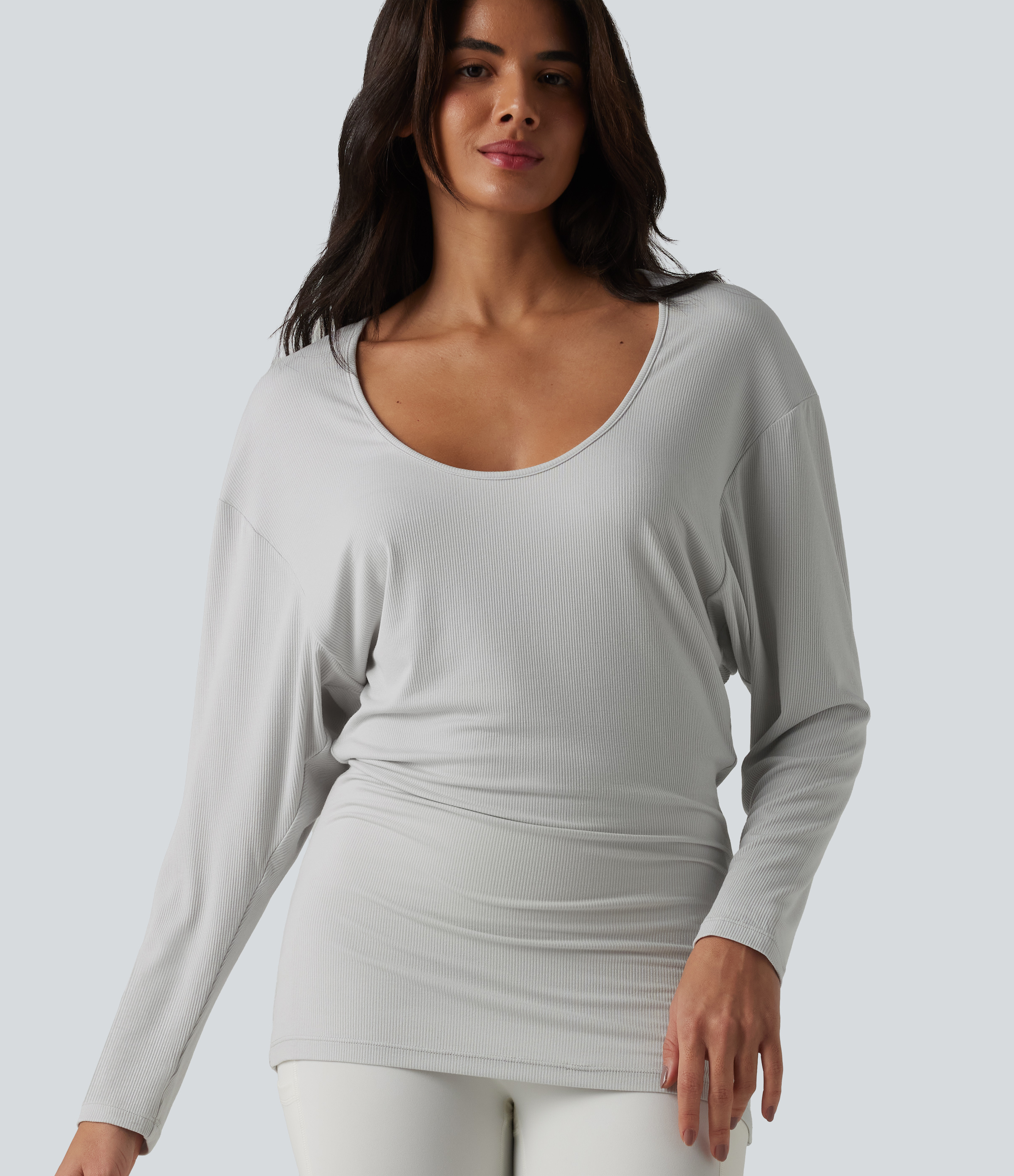 U-neck Batwing Long Sleeve Ruched Yoga Top