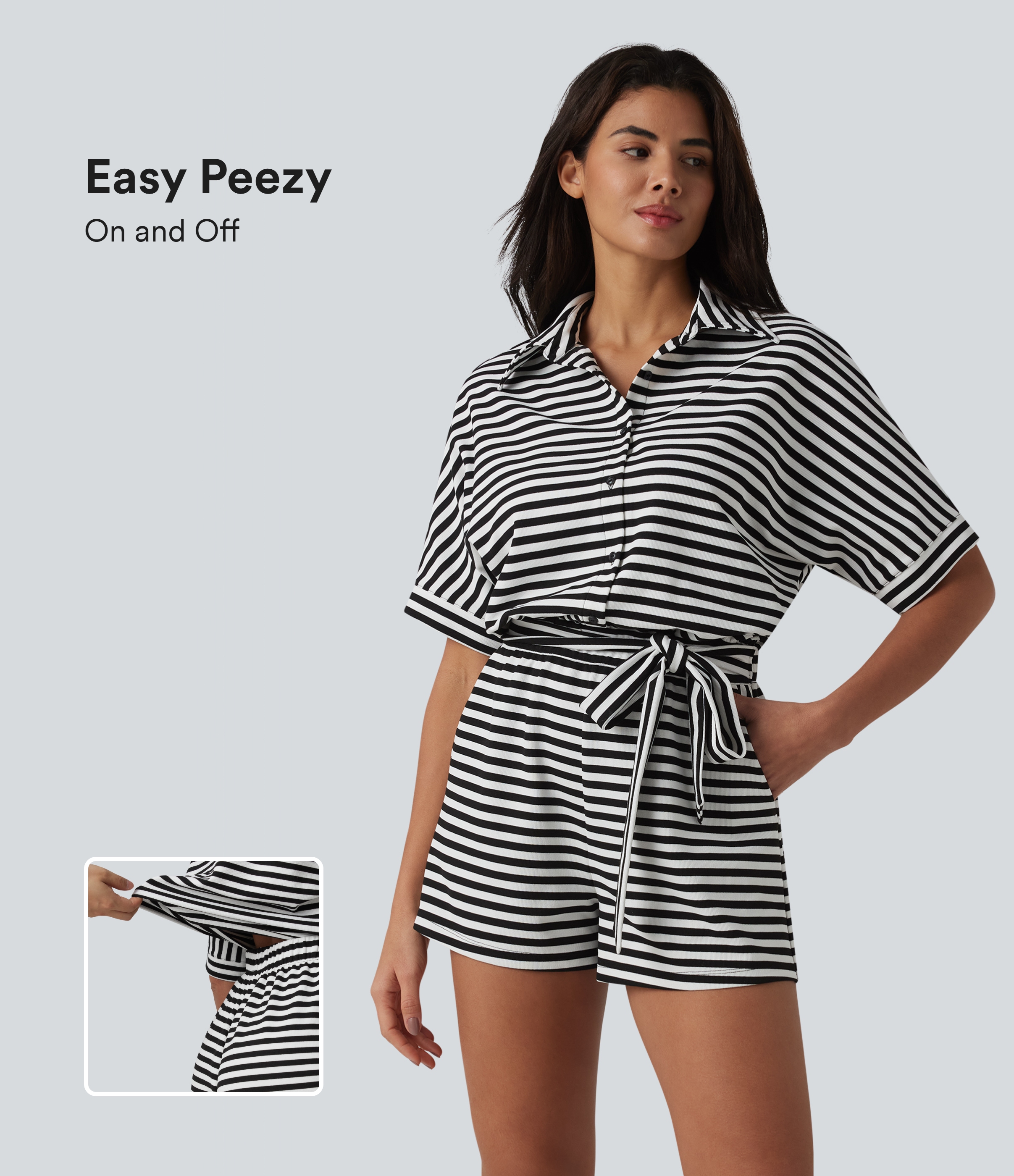 Half Sleeve Belted Stripe Waffle Casual Romper with Pockets-Easy Peezy Edition