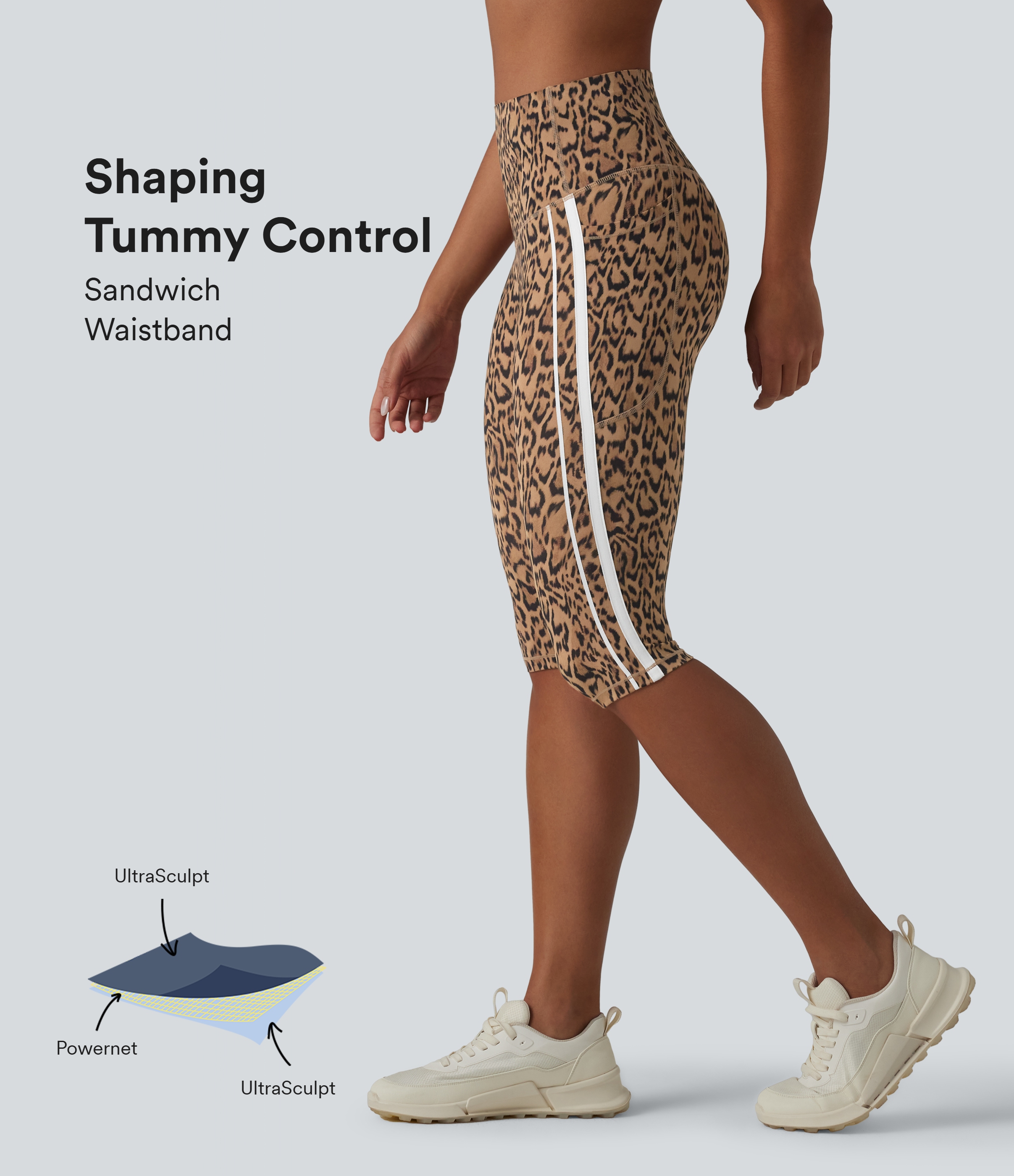 Halara UltraSculpt™ - Pedal-Pusher-Leggings mit hohem Bund, Seitentaschen, Bauchkontrolle, Leopardenmuster und Farbblock