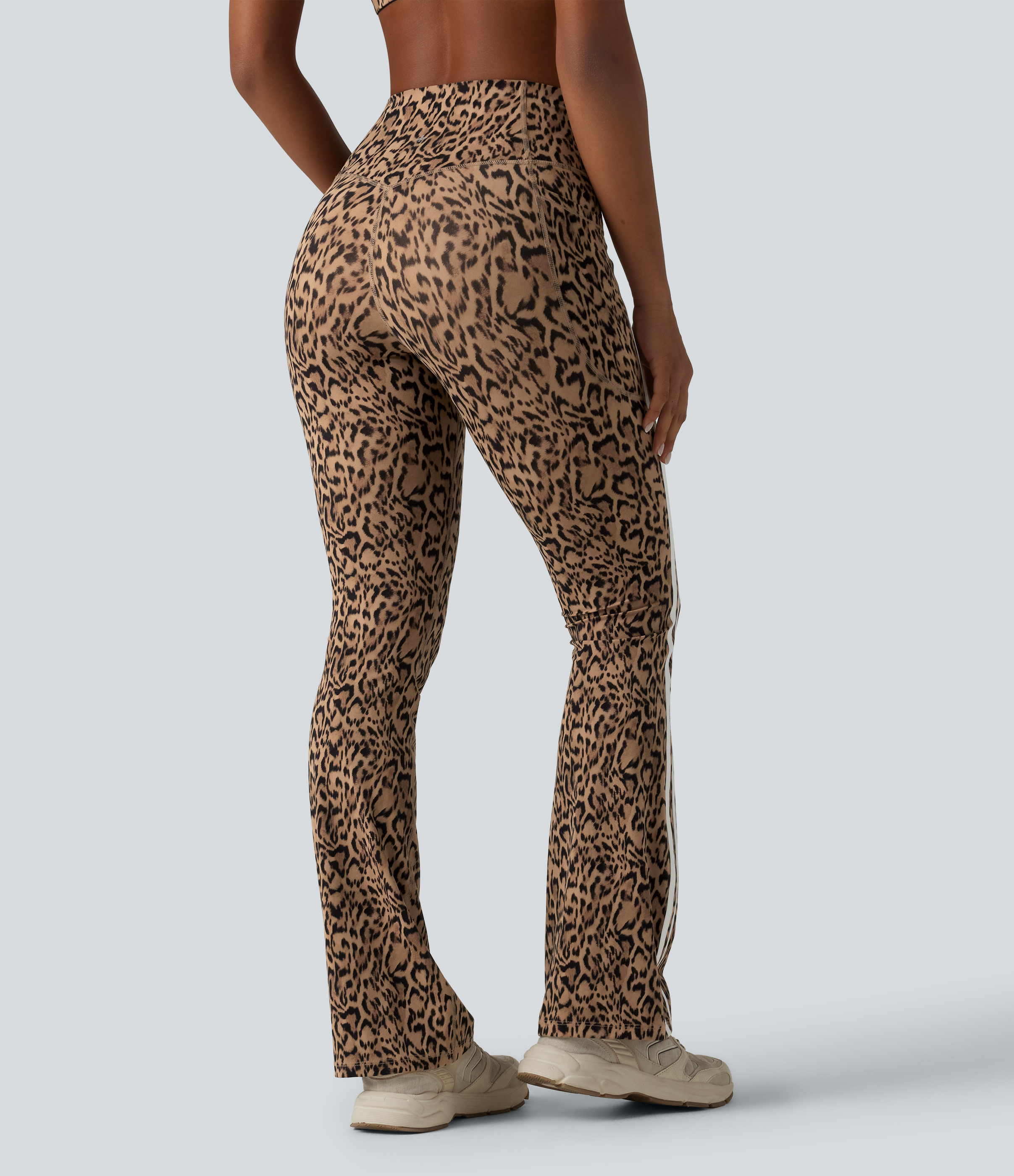 Tan Leopard Halara UltraSculpt™ Leopard Print High Waisted Tummy Control Color Block Stripe Bootcut Training Leggings with Pockets / 2