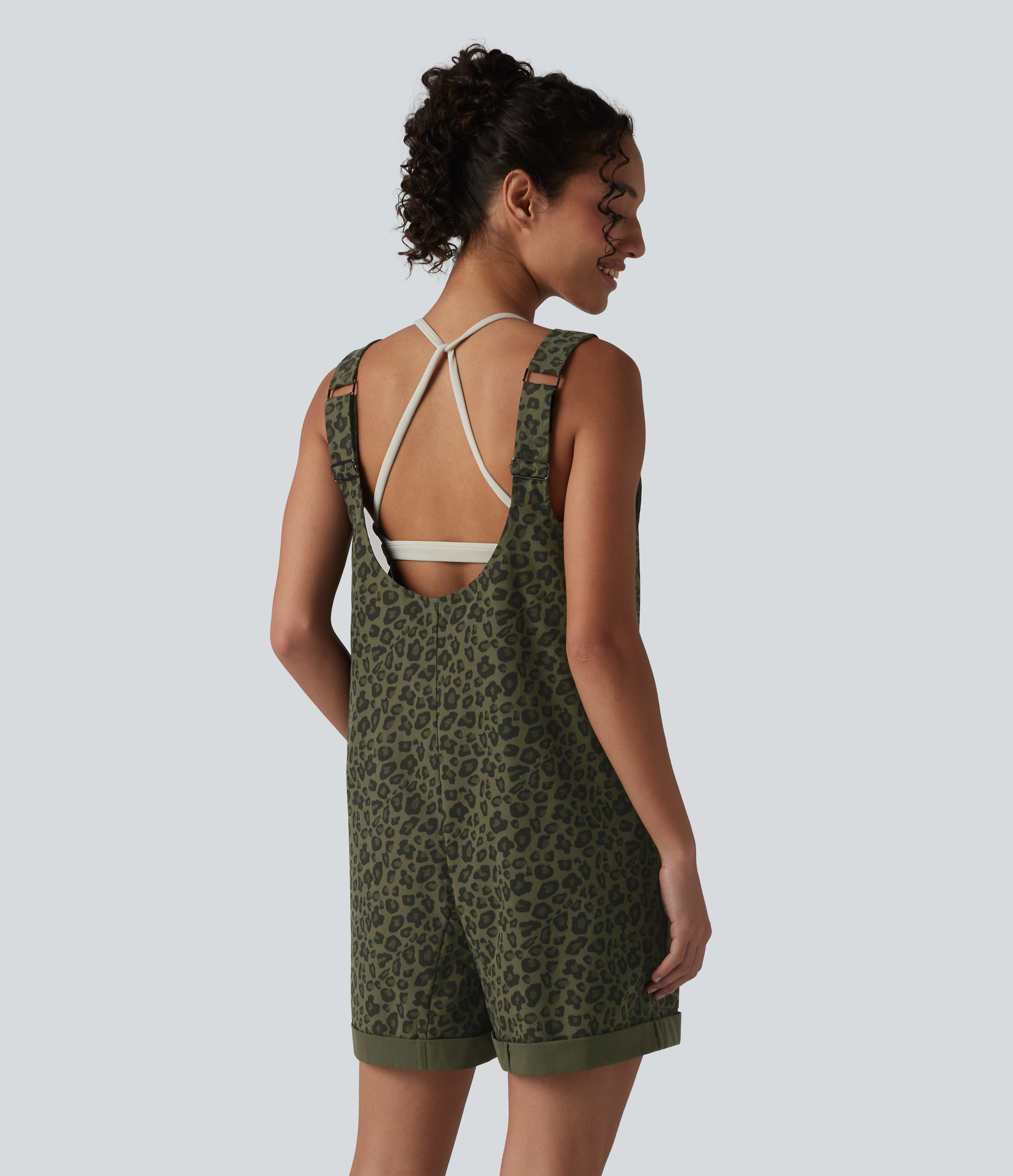Olive Leopard Adjustable Straps Rolled Hem Leopard Print Casual Short Overall with Pockets / 2
