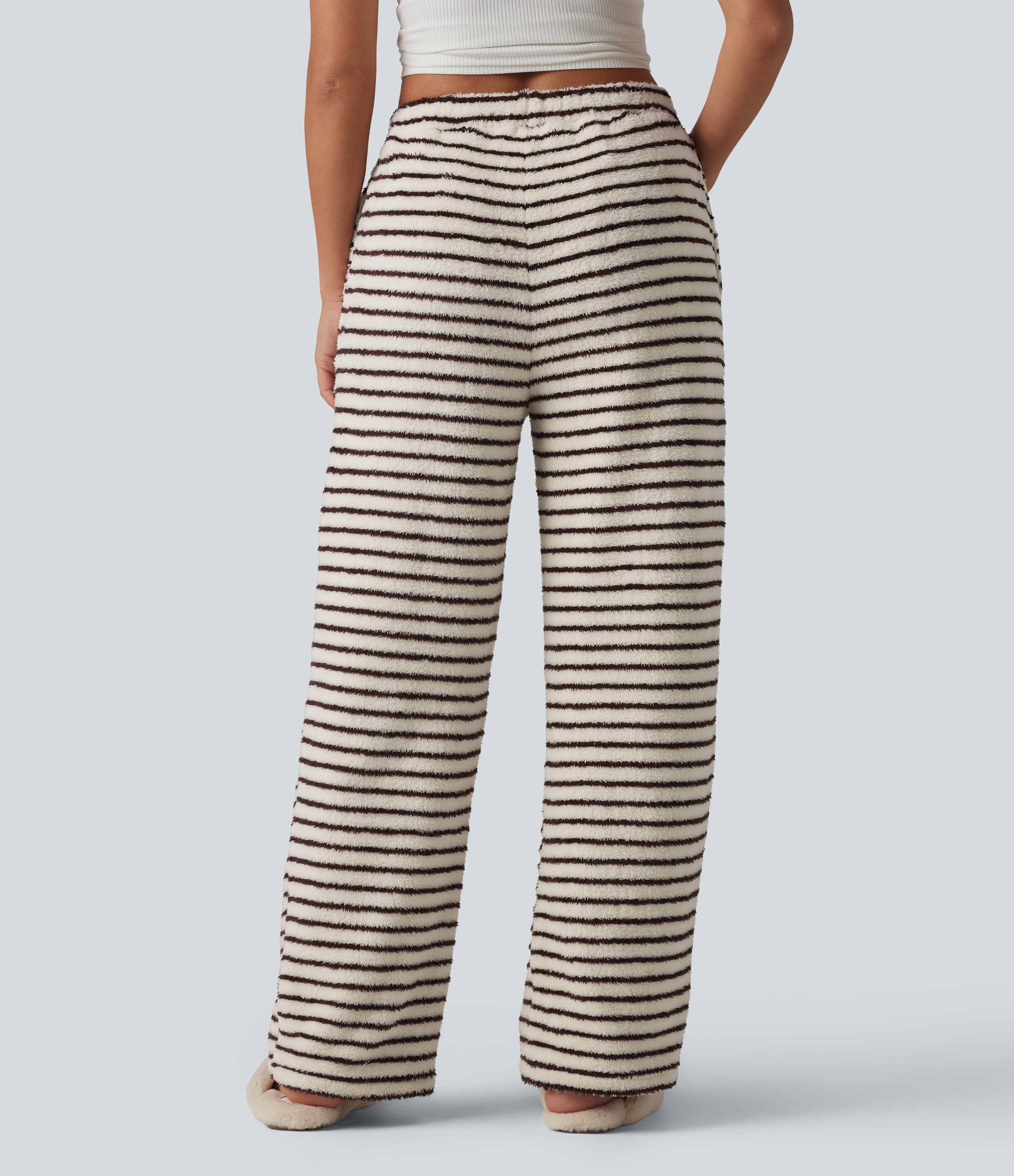 Wine Stripe High Waisted Stripes Flannel Lounging Baggy Sleep Pants with Pockets / 2