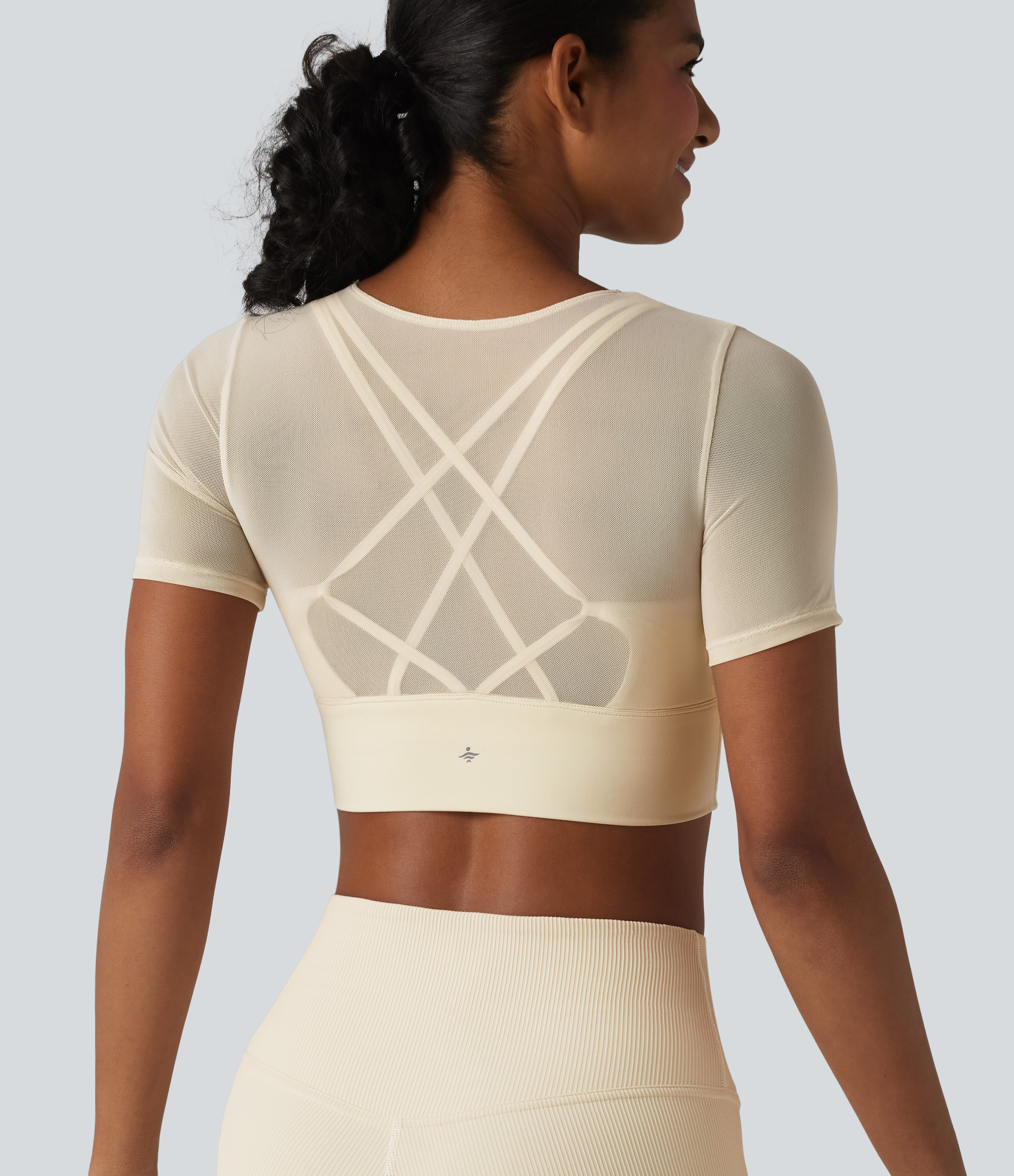 Contrast Mesh Short Sleeve 2-in-1 Cropped Yoga Sports Top
