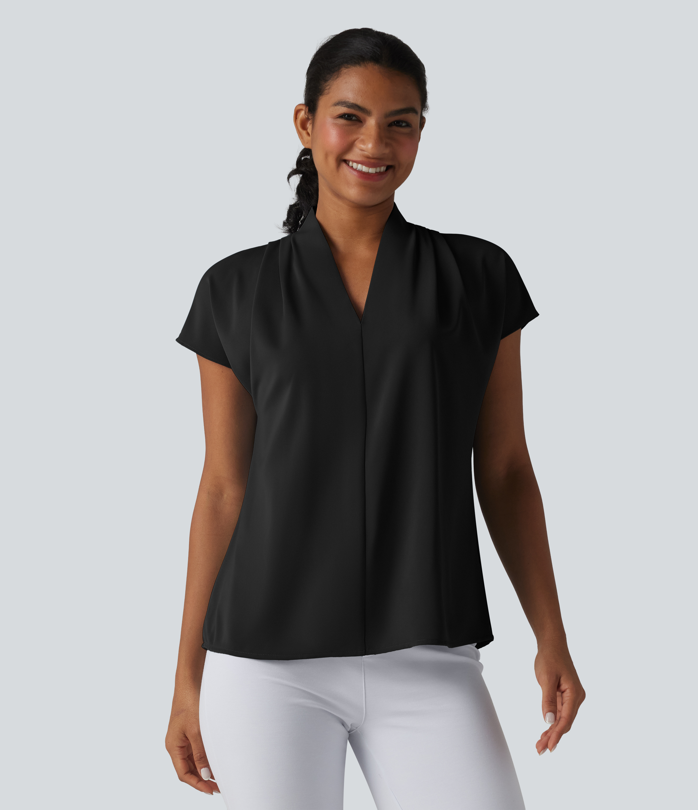 Wrinkle-resistant V-neck Batwing Sleeve Loose Fit Work Blouse