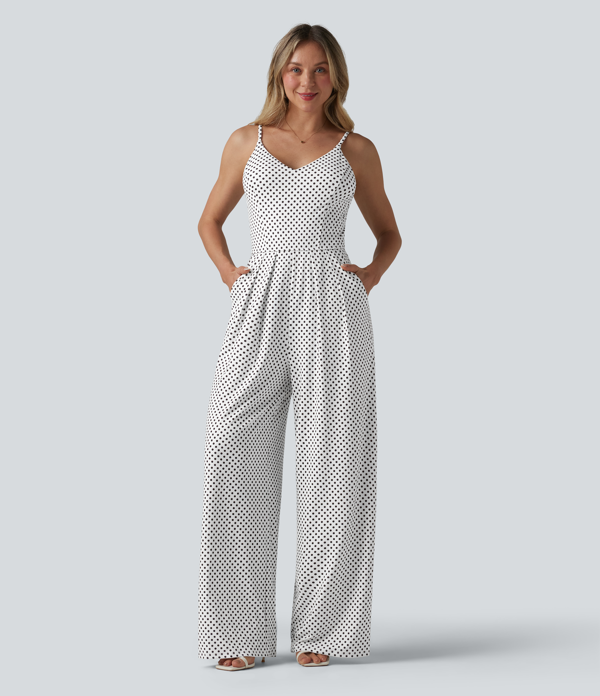 V Neck Polka Dot Slip Jumpsuit with Pockets-Easy Peezy Edition