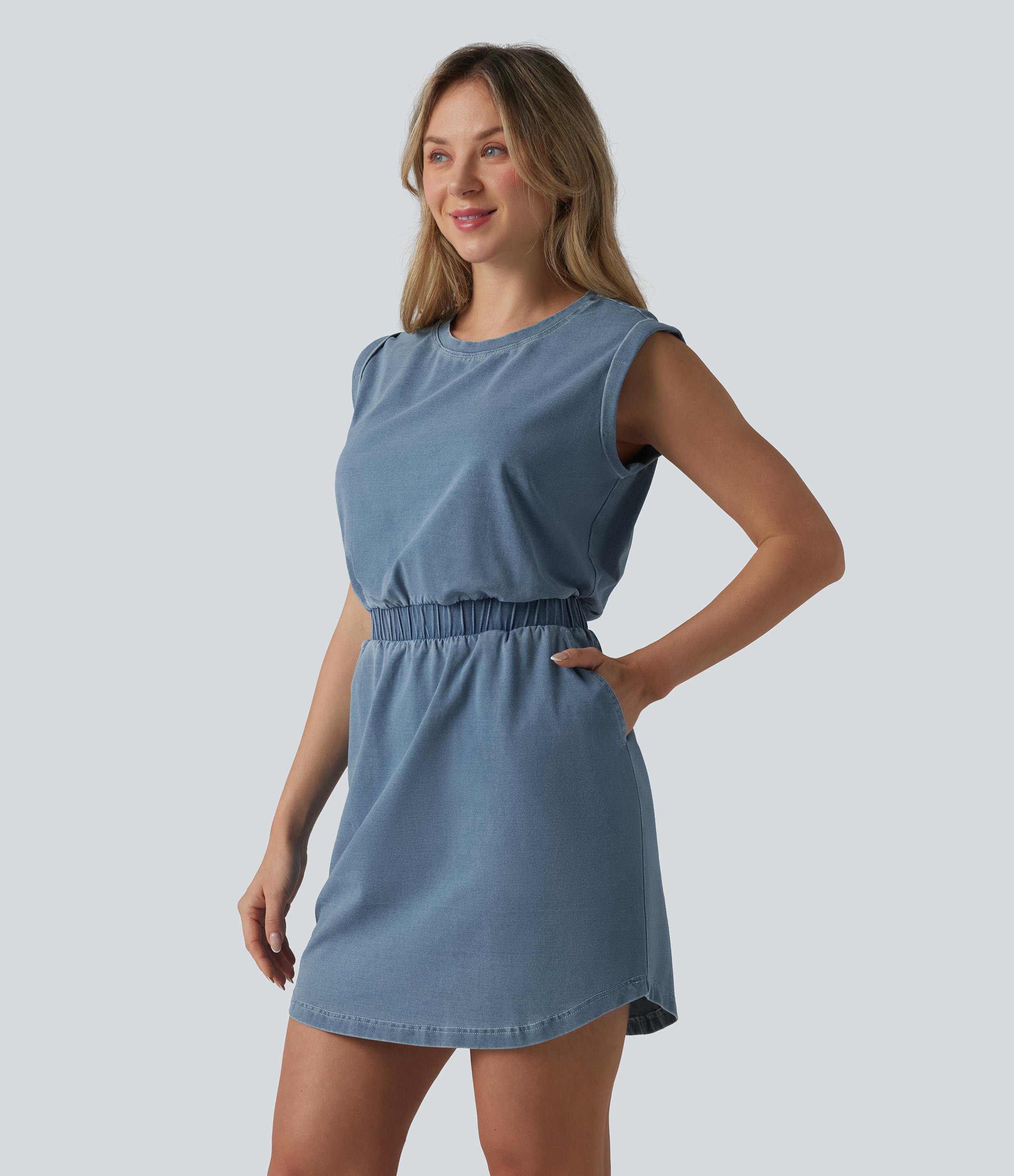 Halara Flex™ Denim Round Neck Sleeveless Curved Hem Mini Casual Dress with Pockets