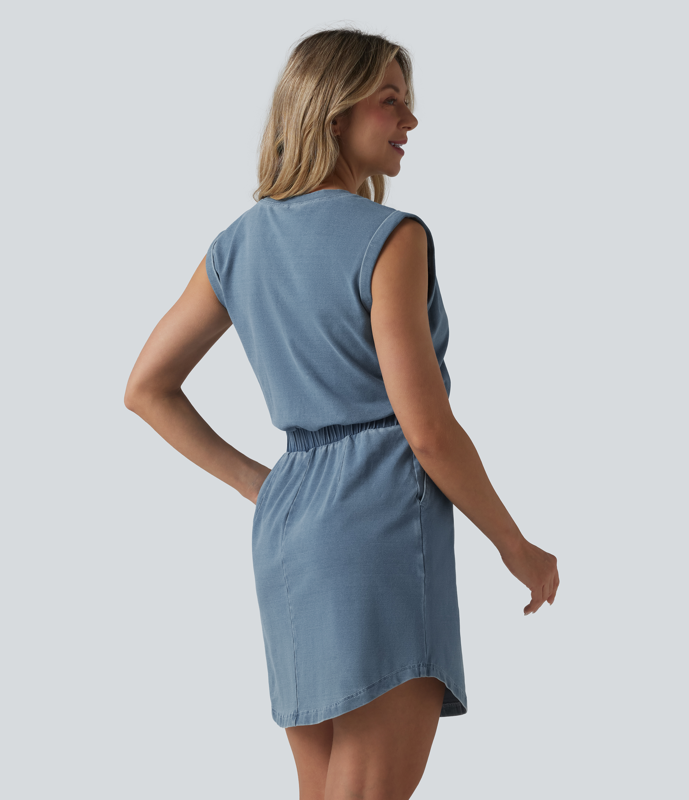 Malibu Blue Denim Halara Flex™ Denim Round Neck Sleeveless Curved Hem Mini Casual Dress with Pockets / 2