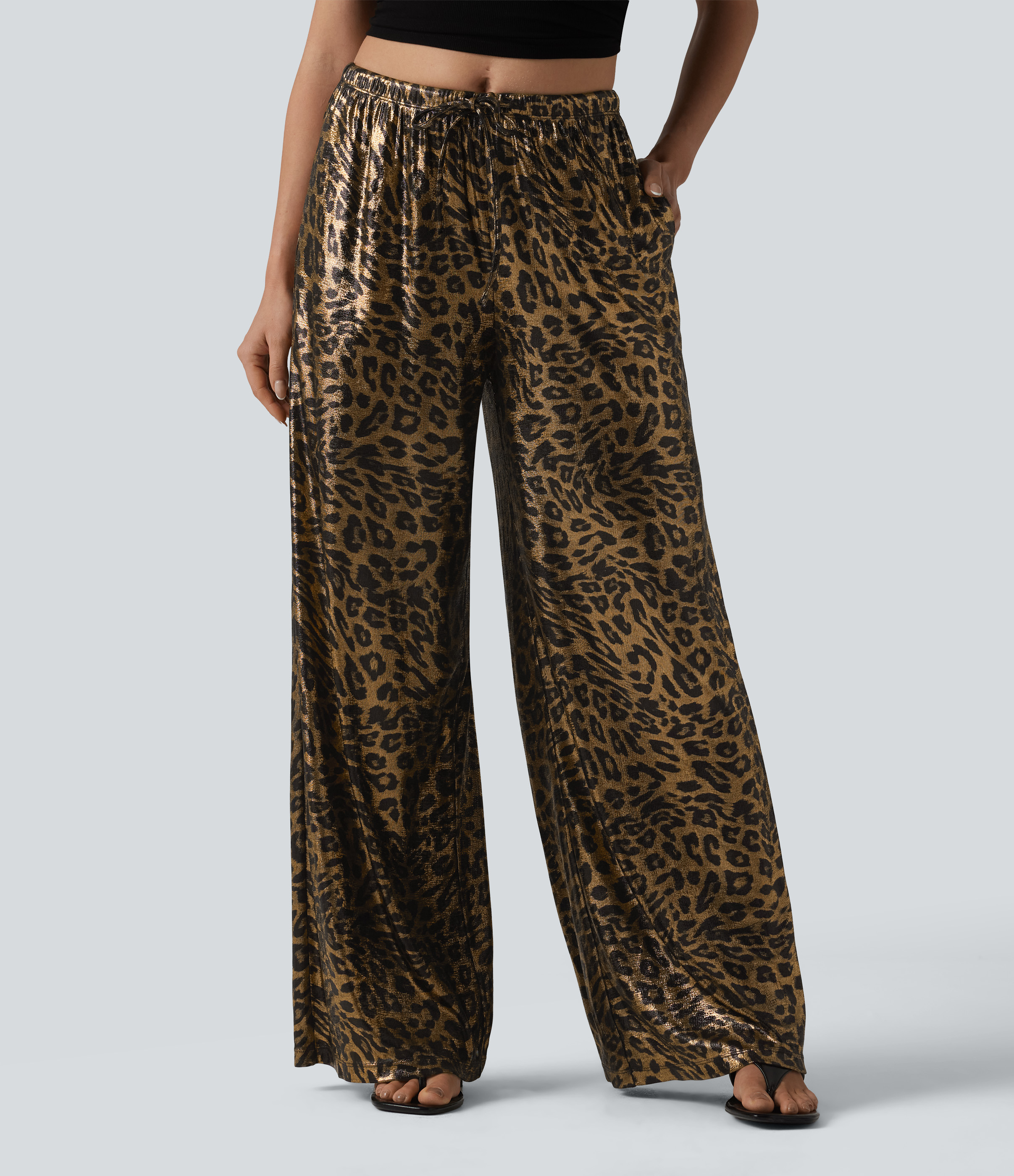 Pantalon leopard large décontracté taille mi-haute avec cordon de serrage et poches