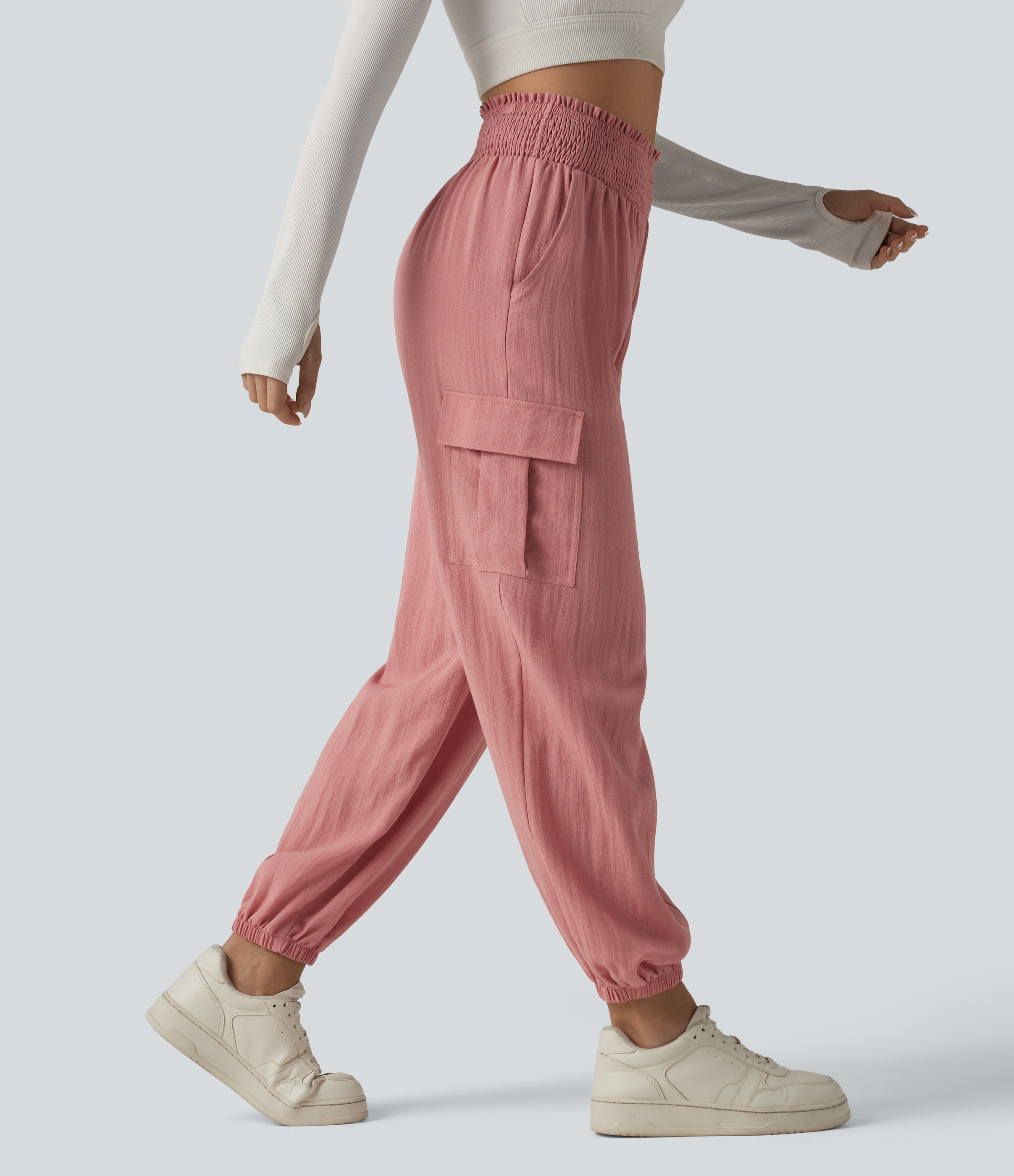 High Waisted Shirred Linen-Feel Casual Cargo Joggers with Pockets