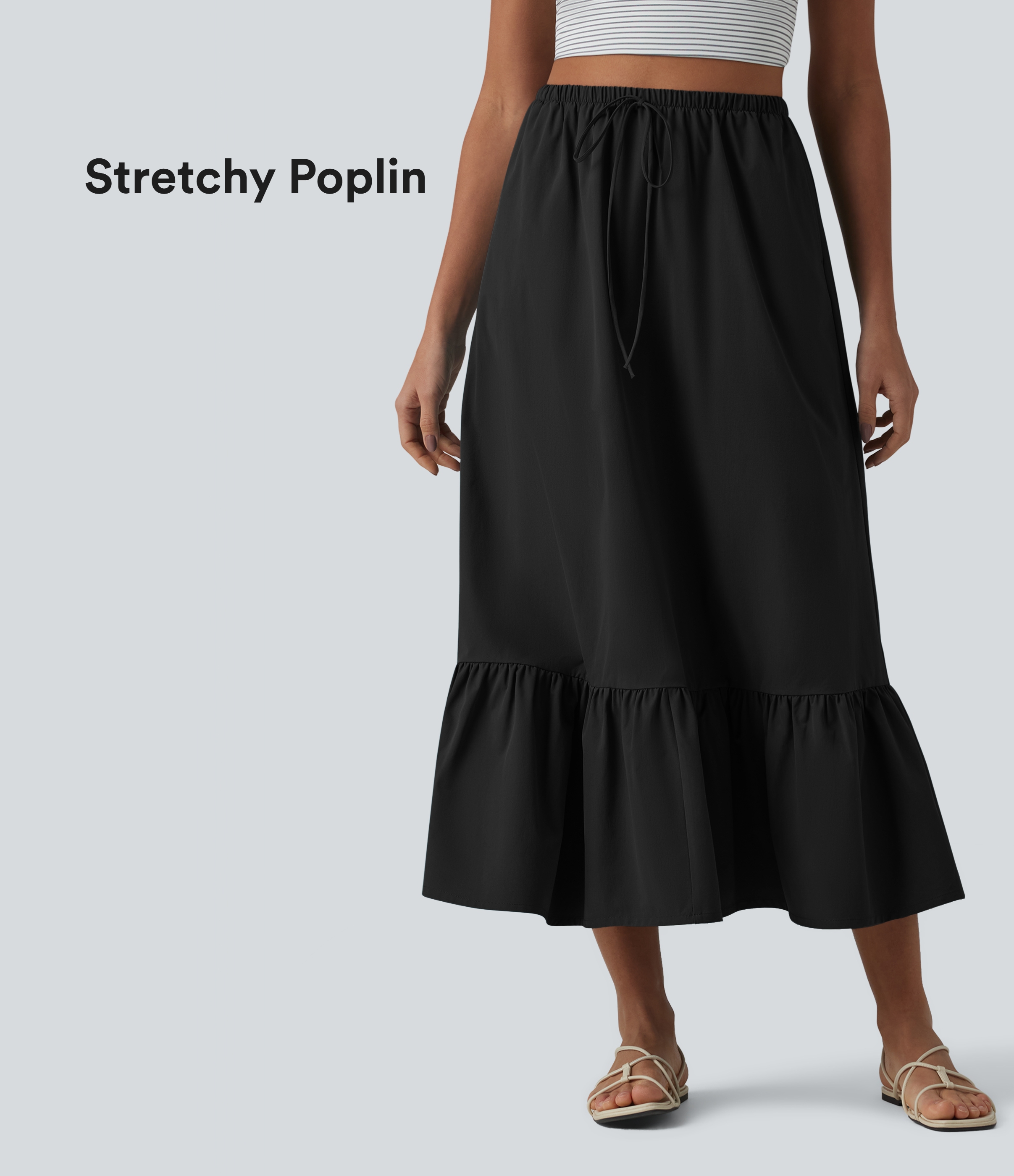 Black High Waisted Drawstring Ruffle Hem A-line Midi Stretchy Poplin Casual Skirt with Pockets / 1