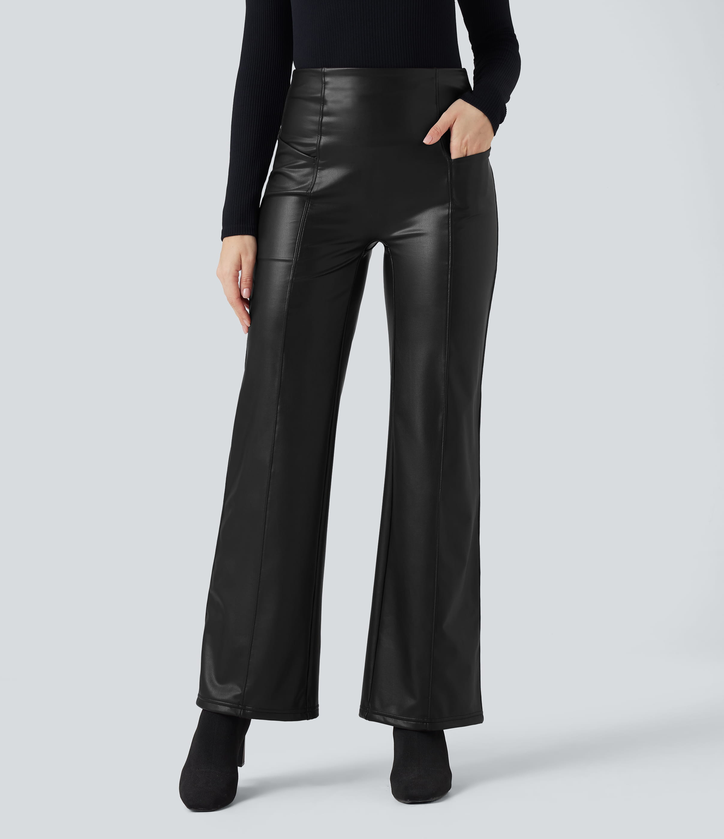 Pantalon similicuir évasé gainant taille haute stretch avec poches