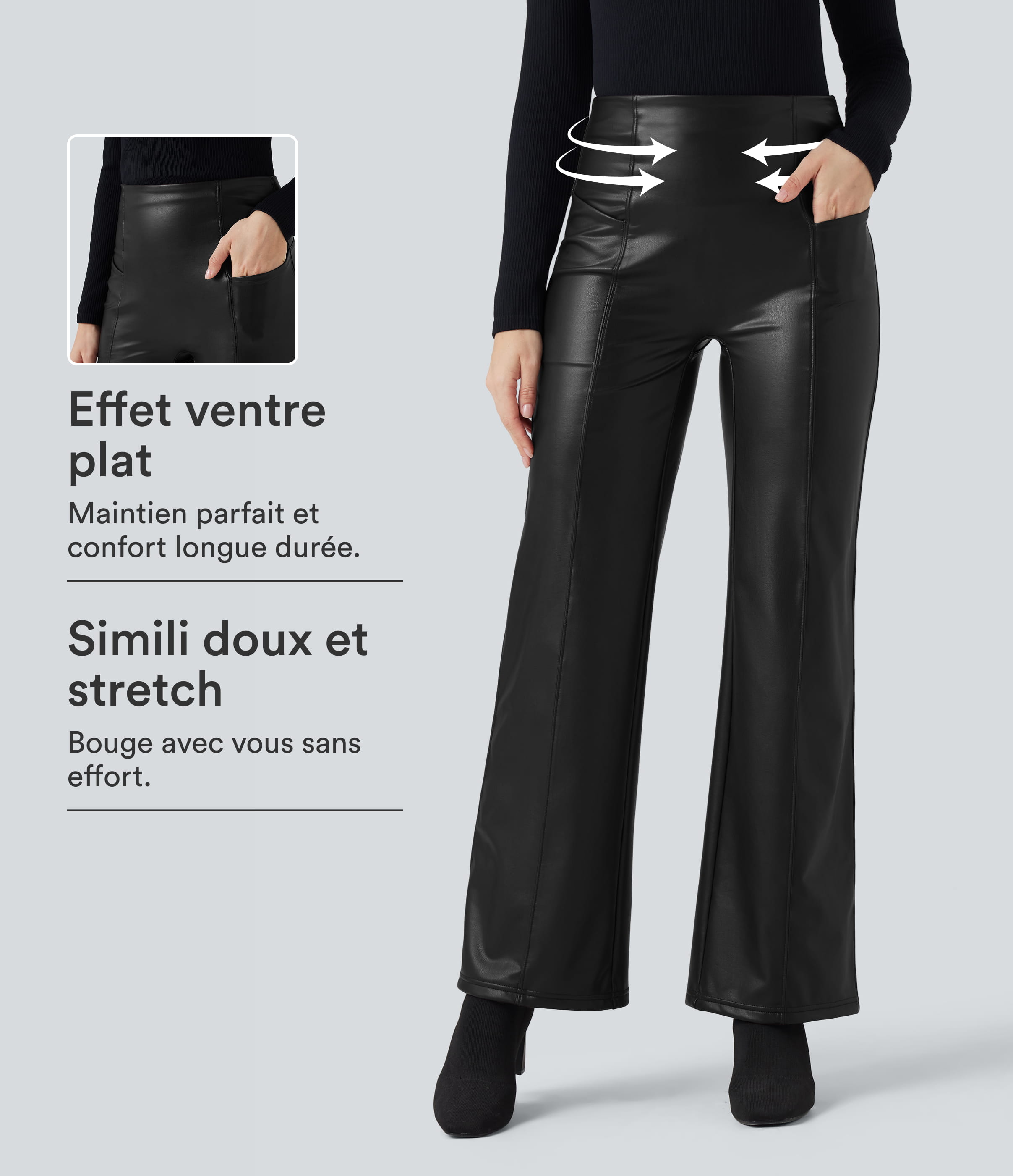 Pantalon similicuir évasé gainant taille haute stretch avec poches