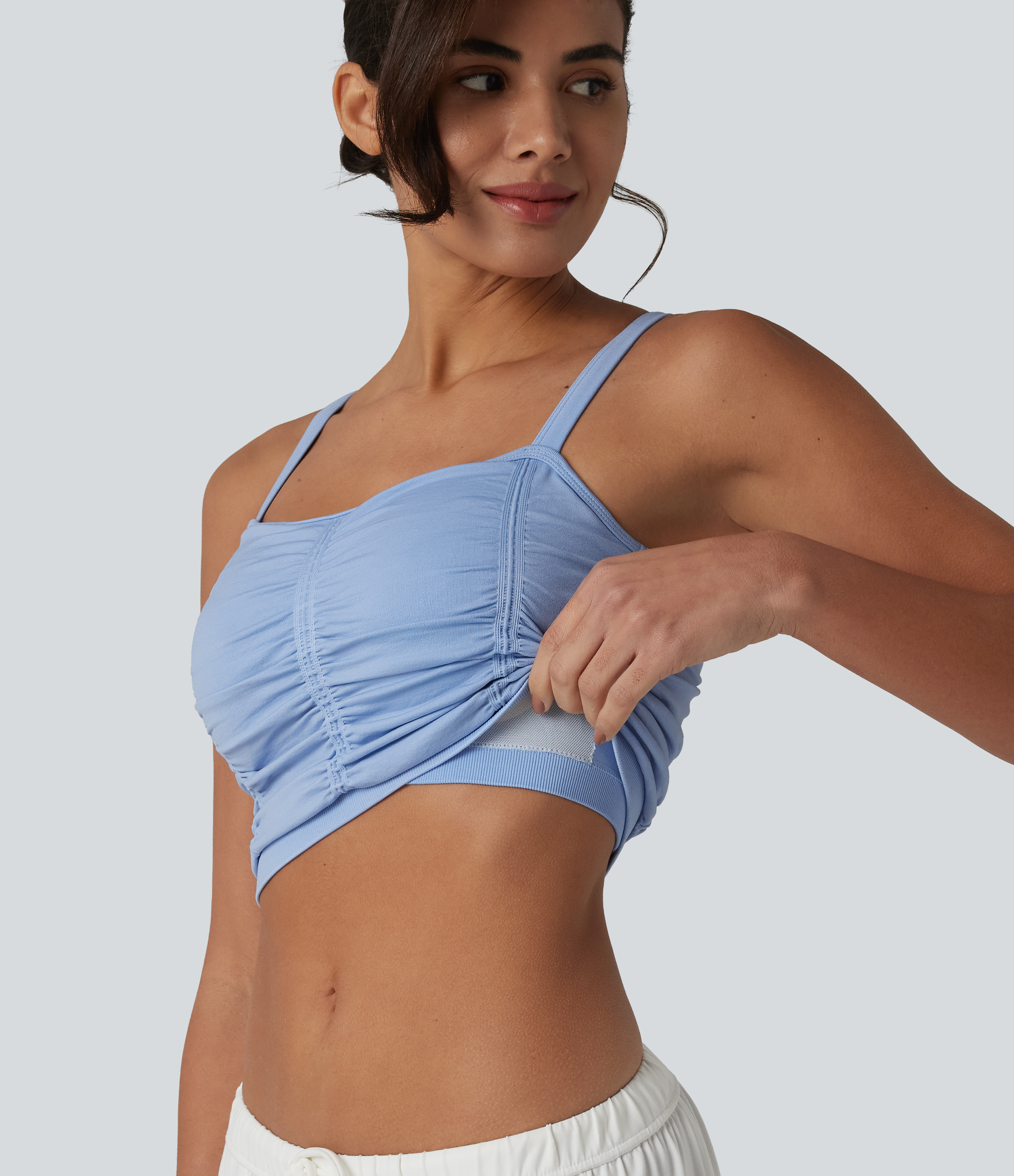 OneForm Seamless Flow Cropped Yoga Camisole with Ruched Cross Back and Built-in Seamless Bra