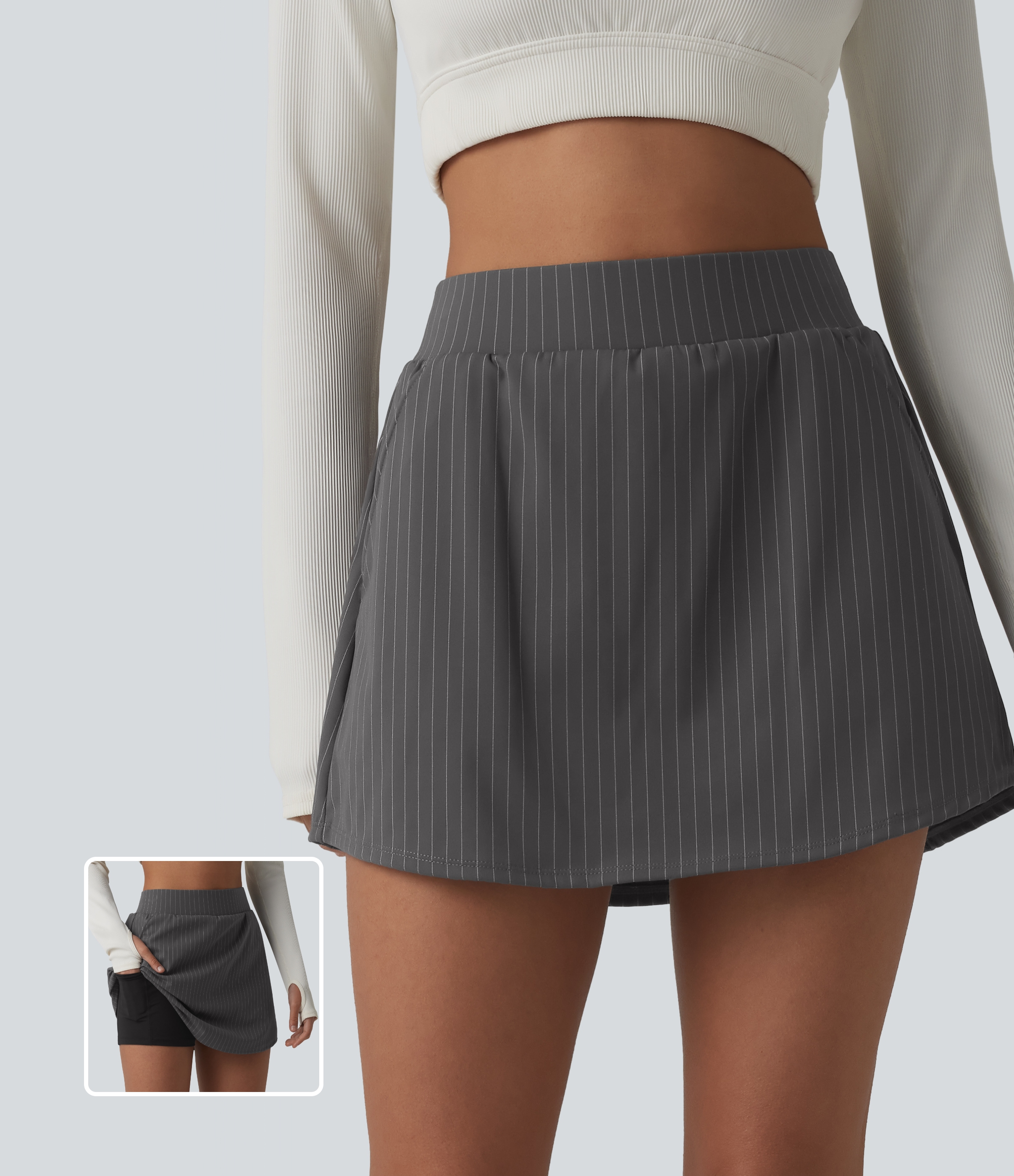 Mid Rise 2-in-1 Stripe Micro Mini Workout Skirt with Pockets