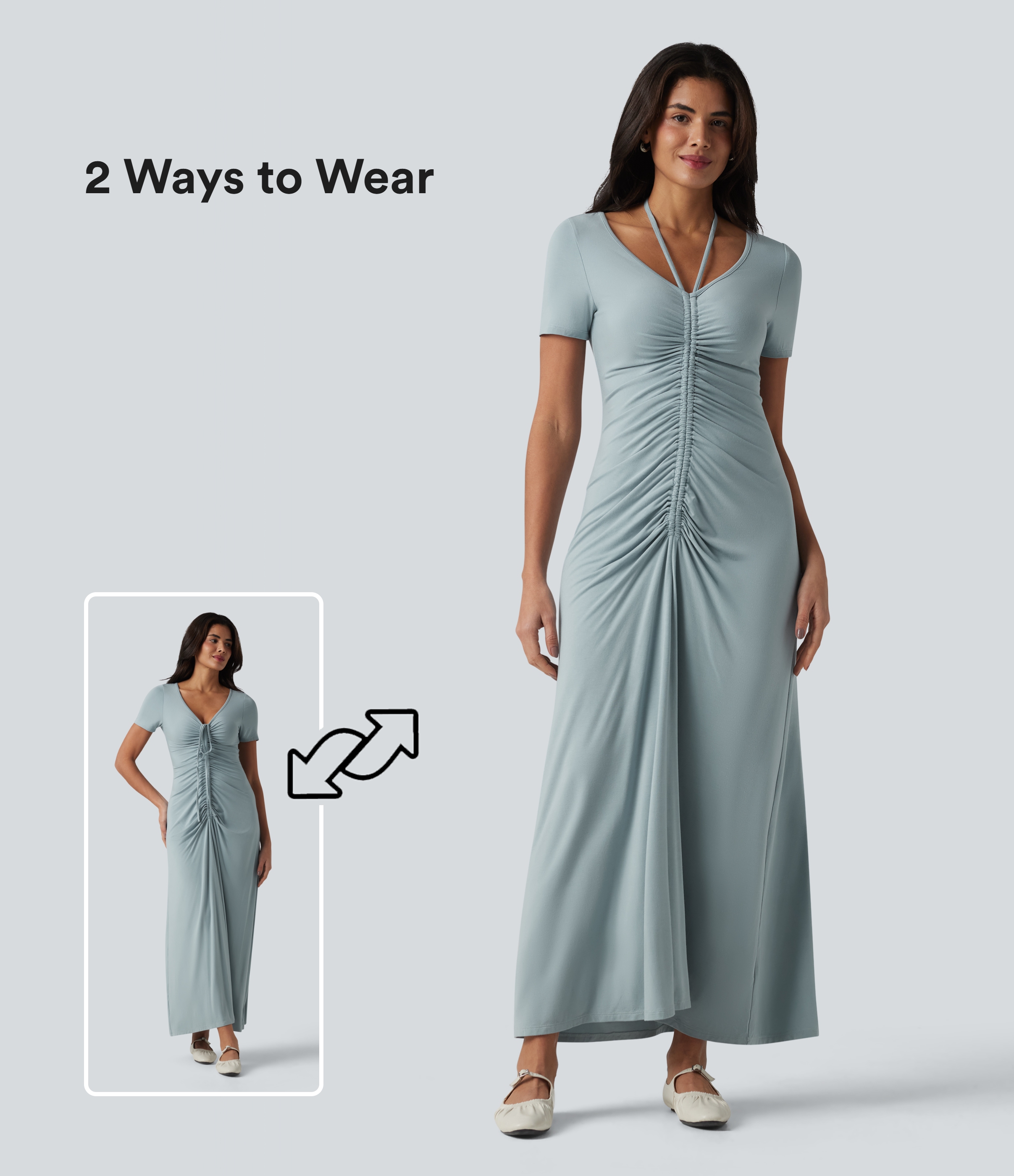 Robe longue casual col V manches courtes avec cordon de serrage et fronces