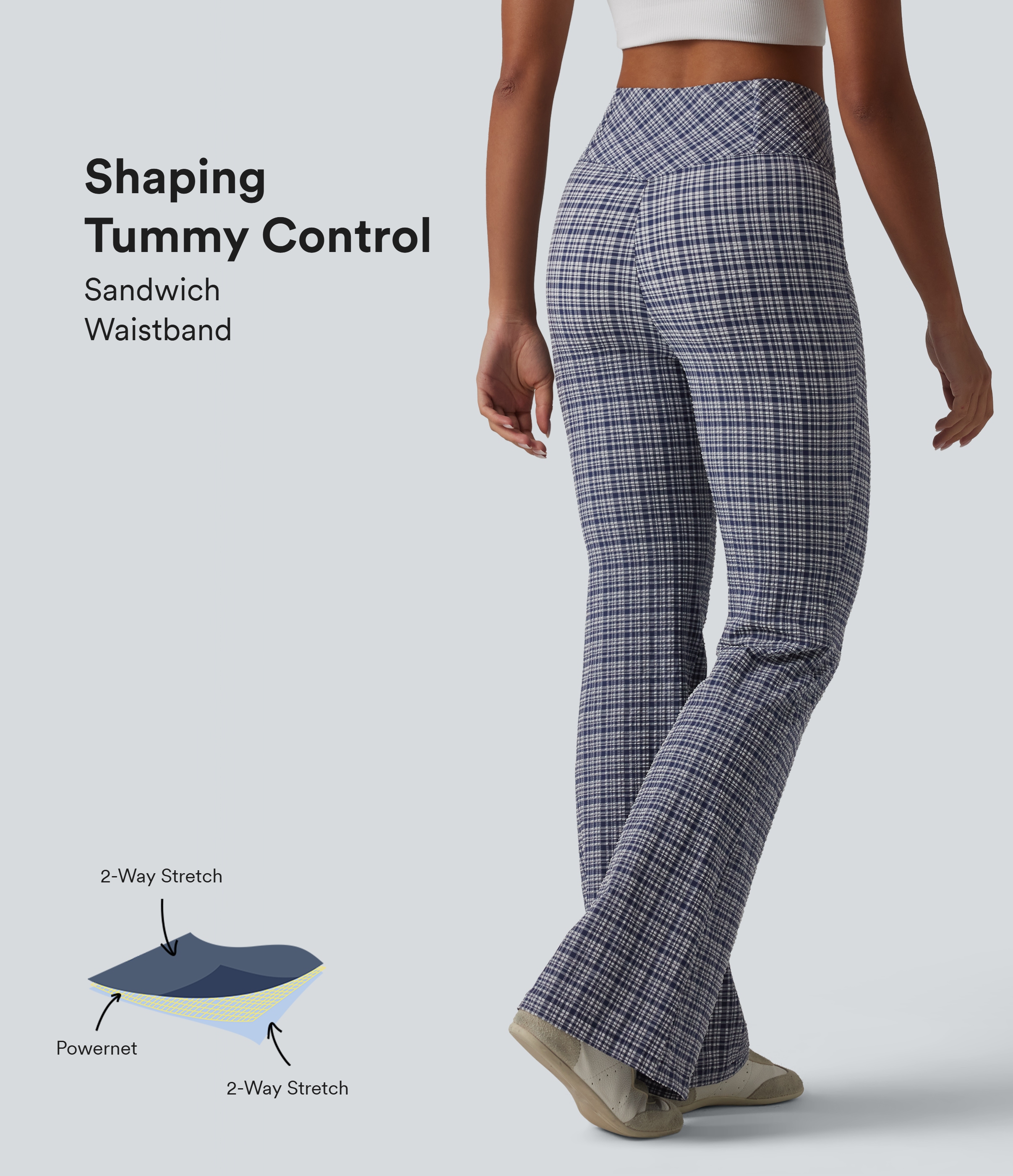 Lässige, figurbetonte Flare-Hose mit hohem Crossover-Bund, Seitentaschen, Bauchkontrolle und Karomuster - schnelltrocknend