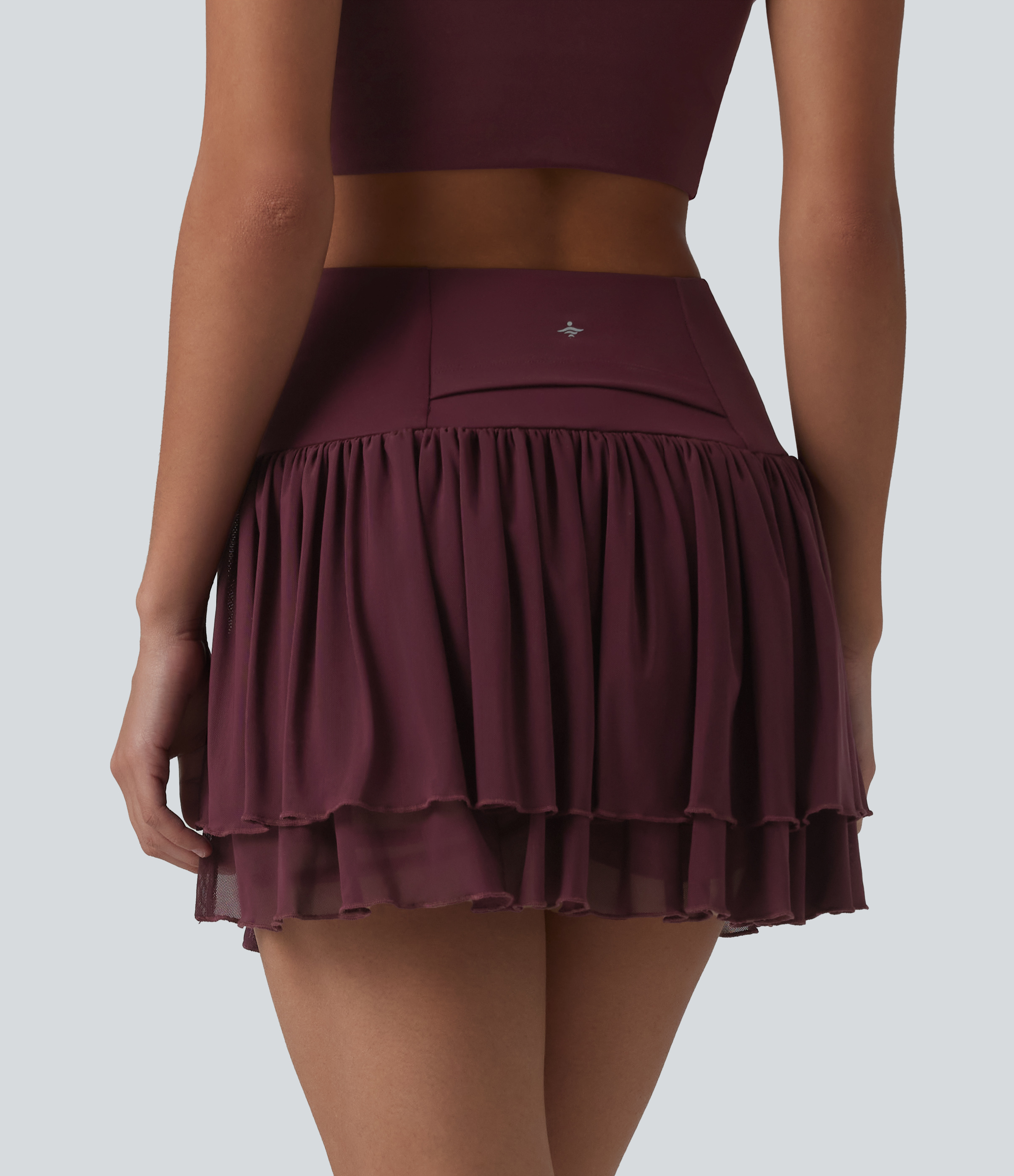 Evening Red High Waisted 2-in-1 Asymmetric Hem Mini Breathable Mesh Dance Tiered Skirt with Pockets / 2