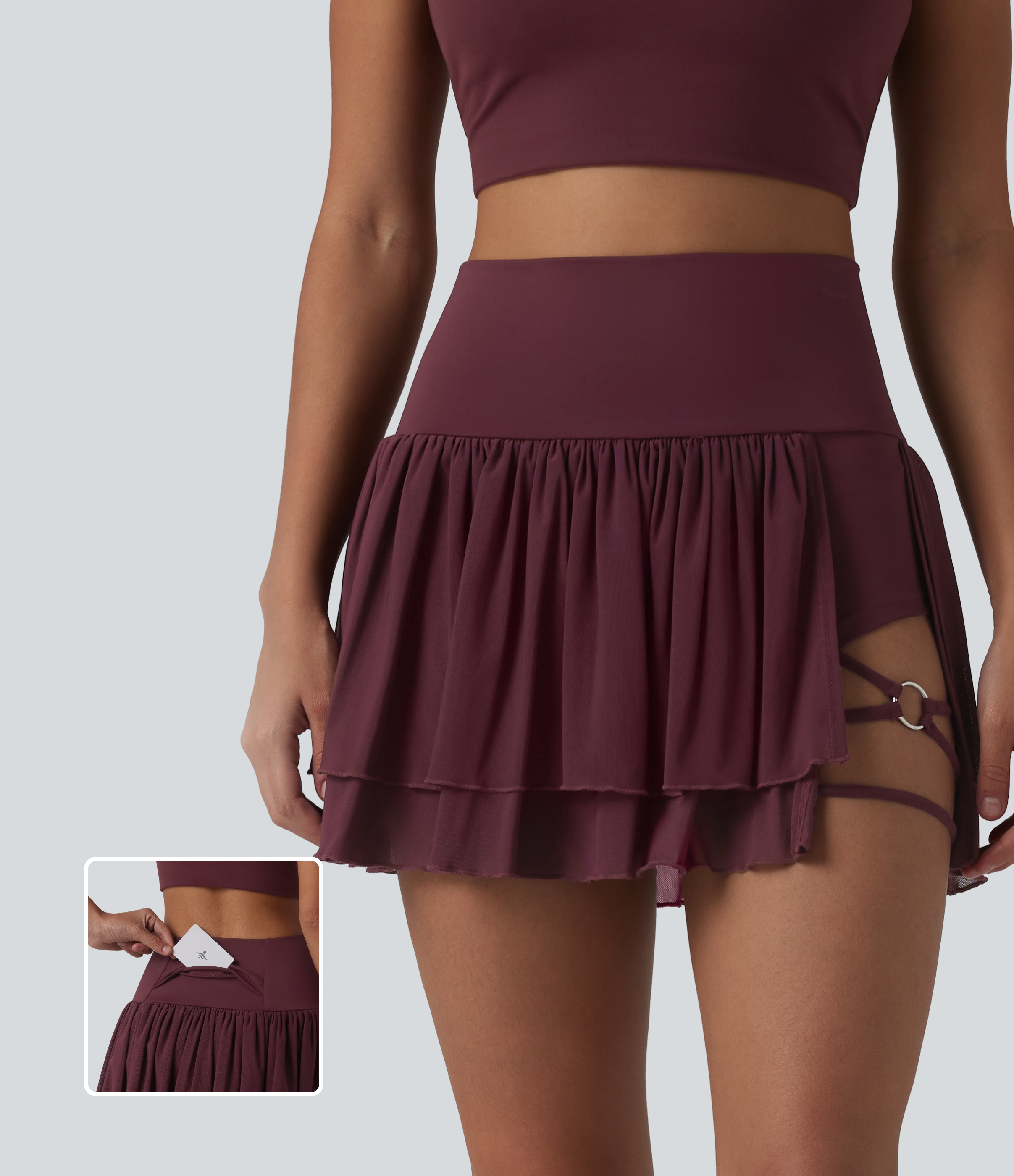 2-in-1 Tanz-Minirock mit hohem Bund, Seitentasche, atmungsaktivem Mesh und Stufensaum