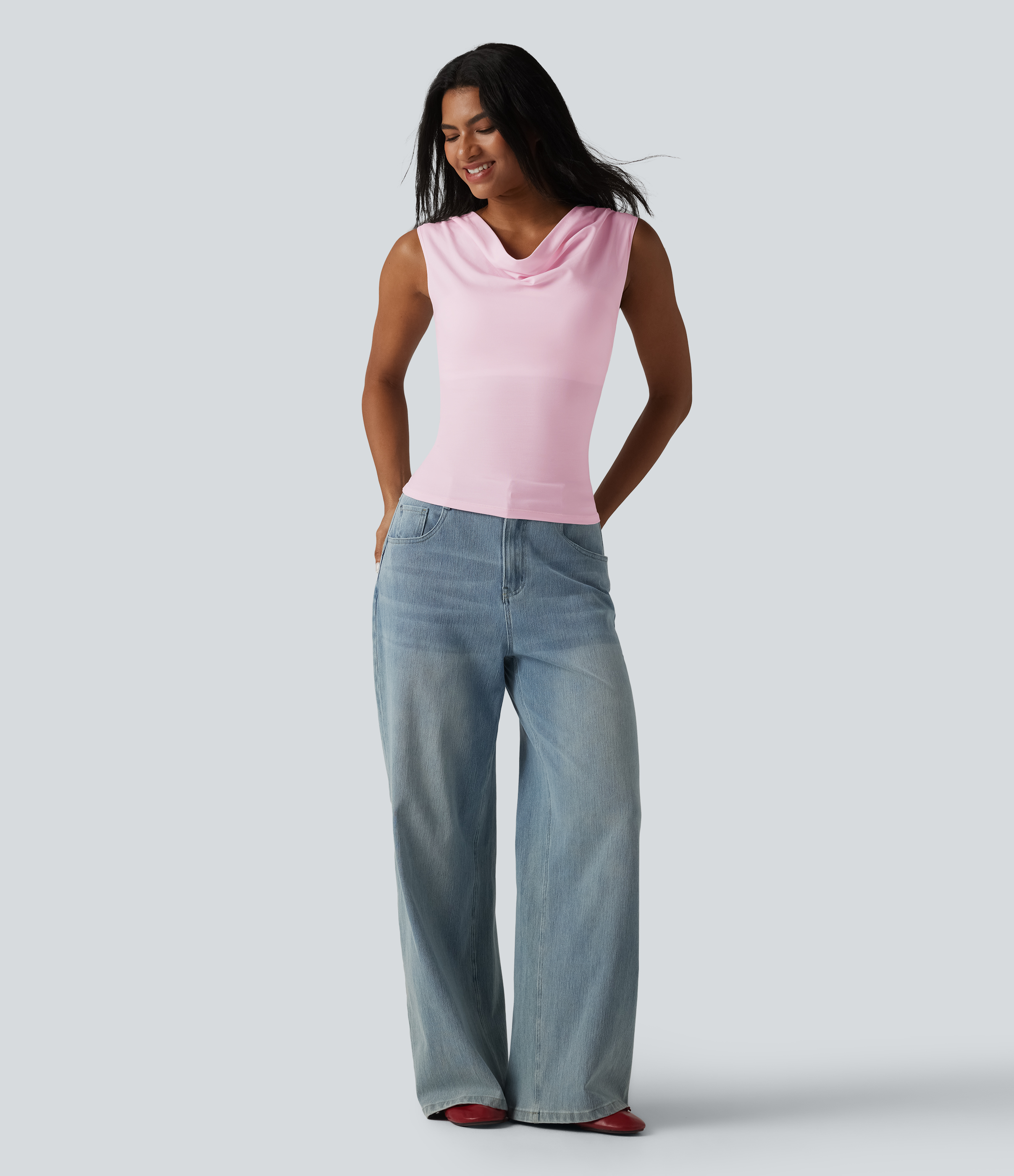 Women's Halara Cotton Jersey Cowl Neck Sleeveless Built-in Bra
