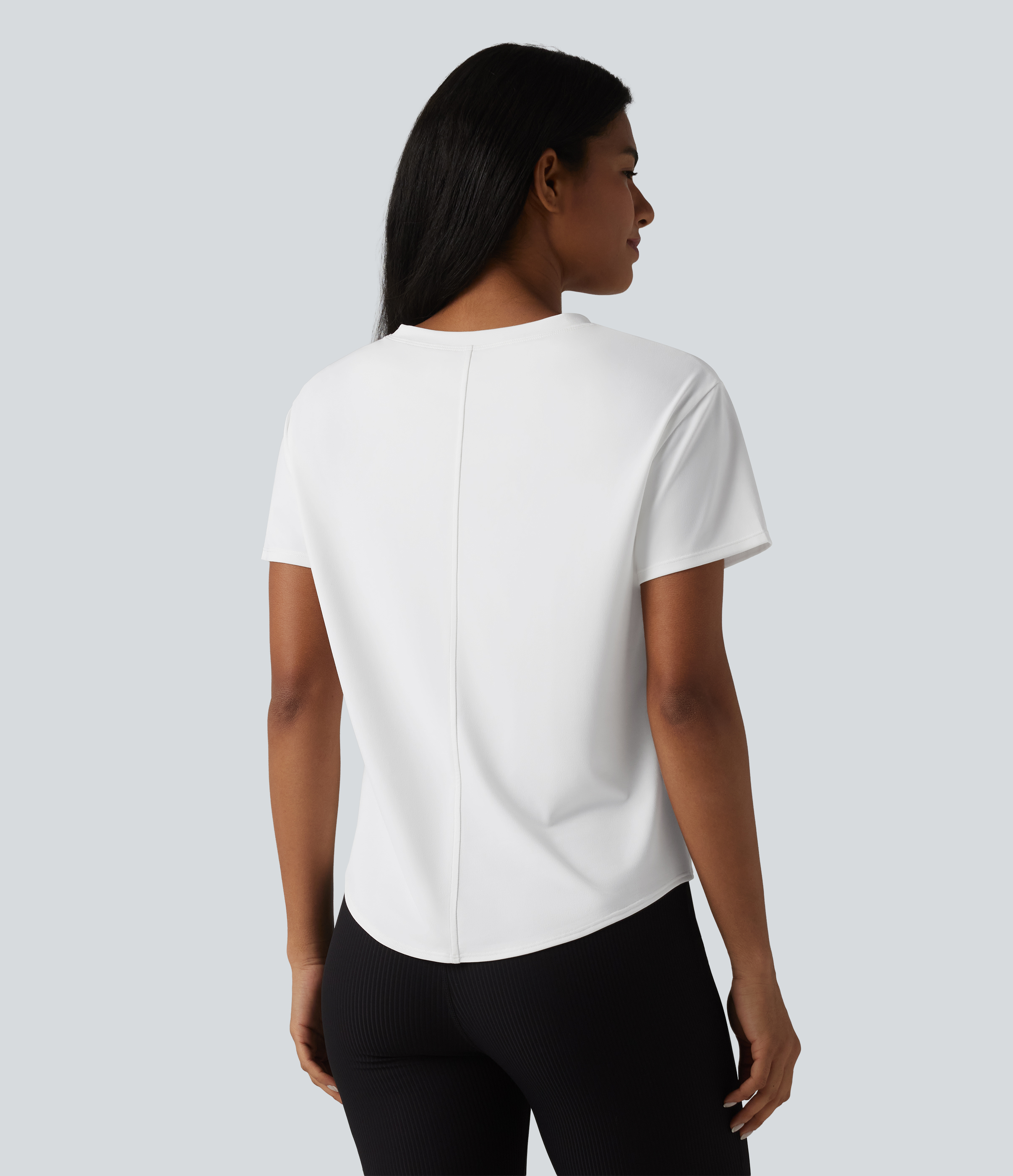 White Crew Neck Short Sleeve Built-in Bra Curved Hem Casual T-Shirt / 2