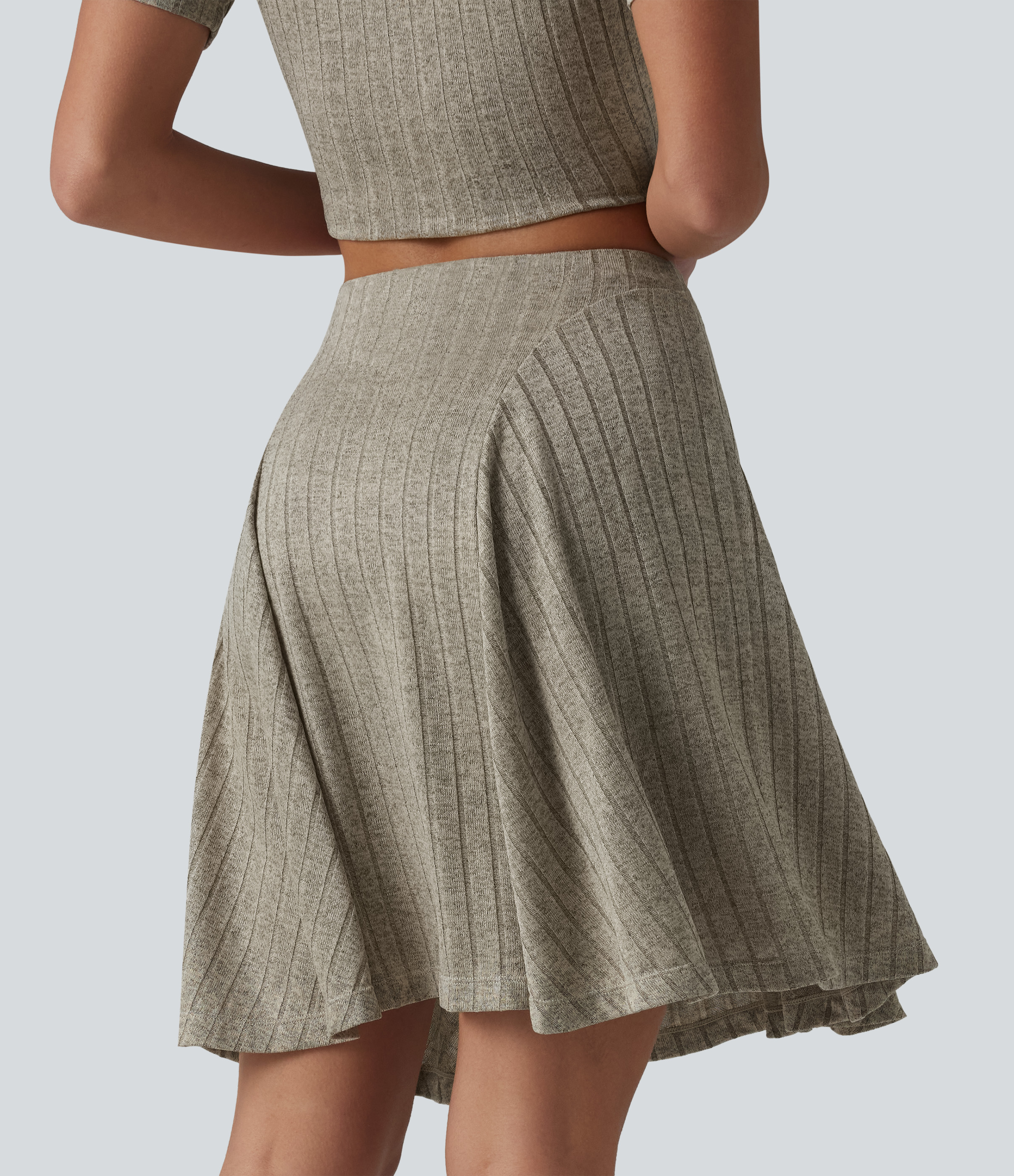 Warm Grey Floral Velvet Ribbed Knit High Waisted 2-in-1 Mini Casual Flare Skirt with Pockets / 2