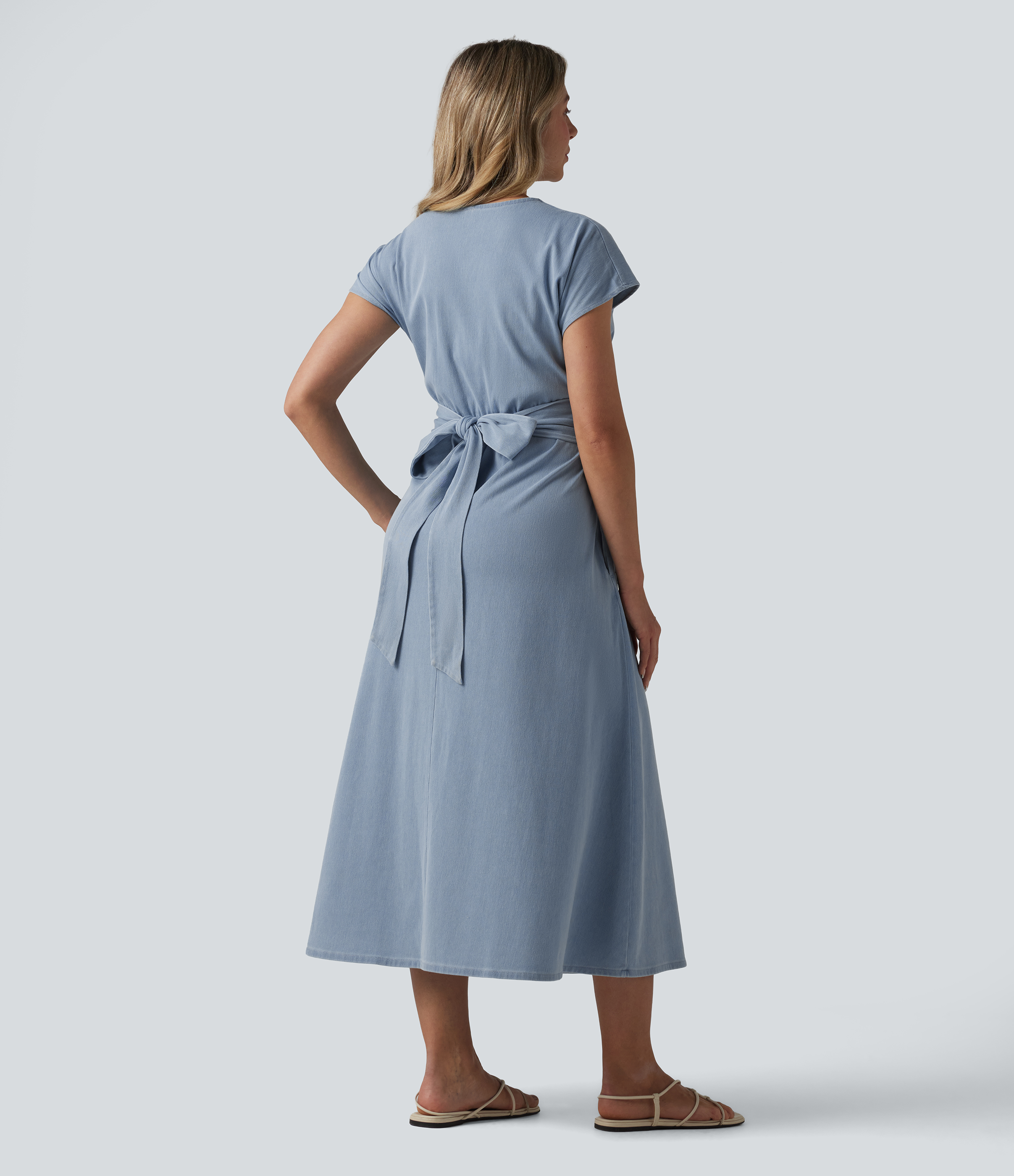 Baltic Sea Blue Denim Halara Flex™ V Neck Short Sleeve Tie Back Denim Midi Casual Dress with Pockets / 2