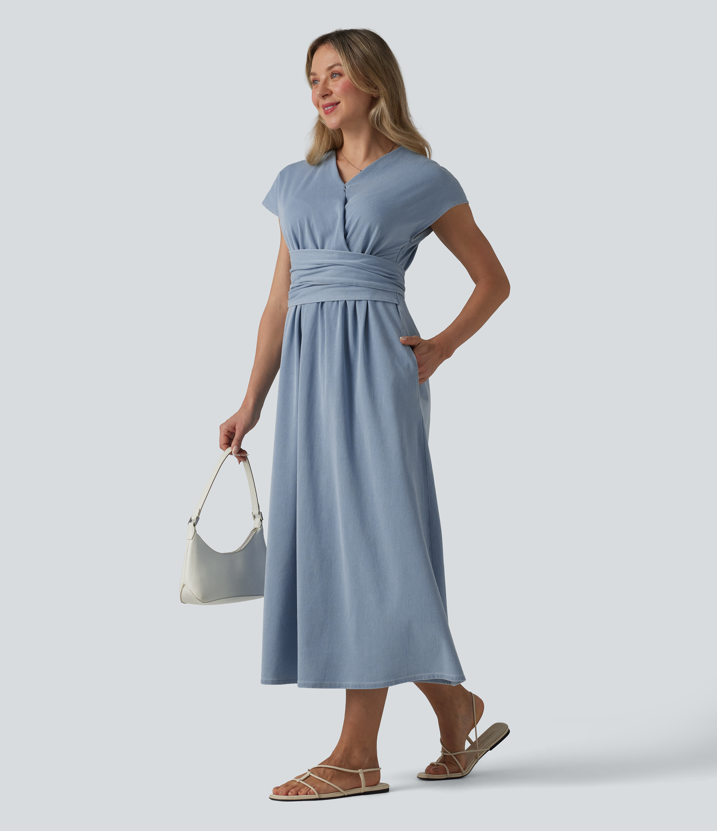 Halara Flex™ V Neck Short Sleeve Tie Back Denim Midi Casual Dress with Pockets