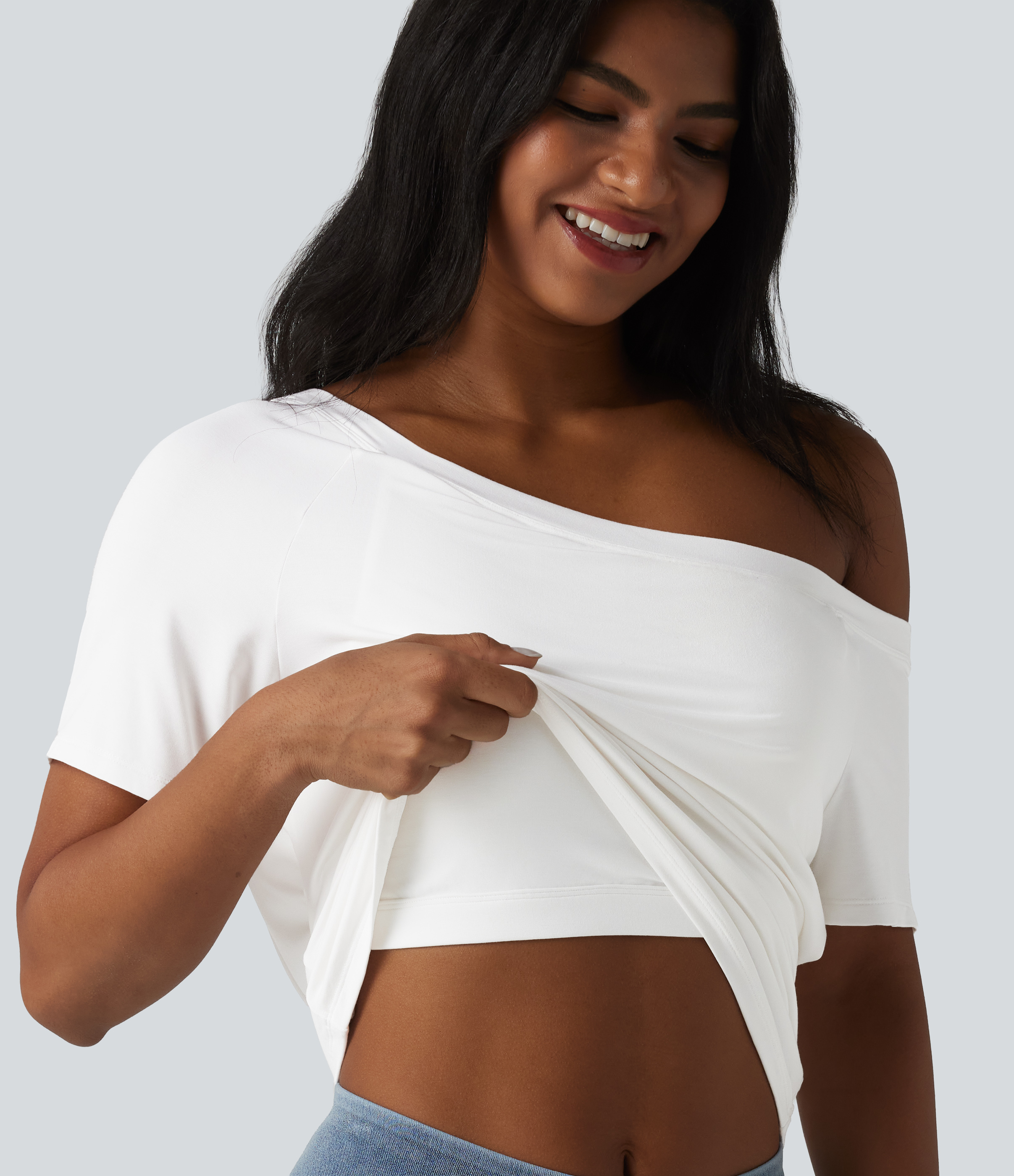 One-Shoulder-Kurzarm-T-Shirt mit integriertem BH und Bindeband vorne