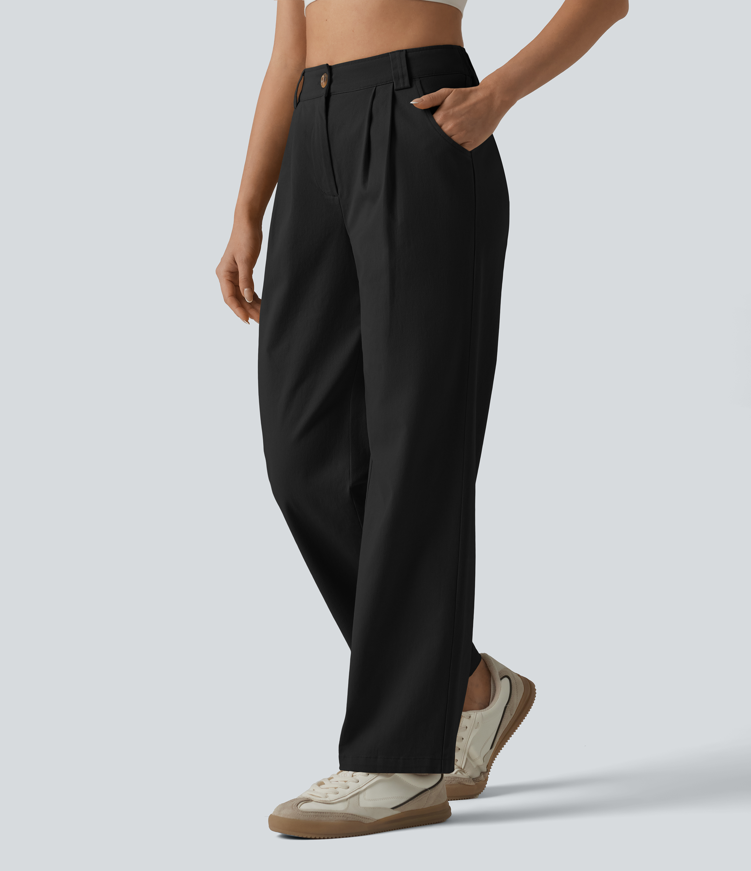 Lässige, plissierte Chino-Hose aus Baumwolle mit hohem Bund, Seitentaschen und geradem Bund