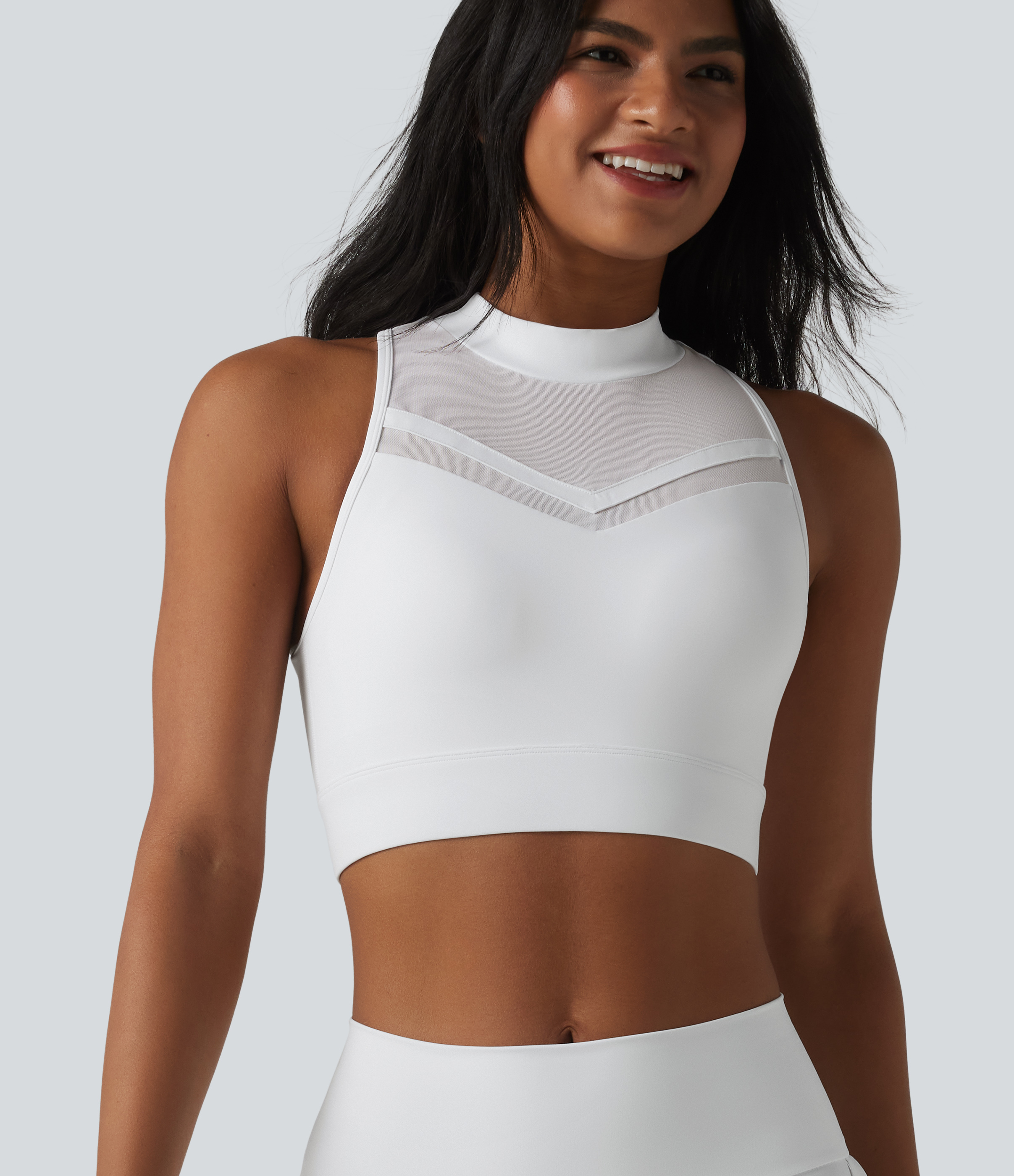 SoftlyZero™ Airy Light Support Racerback Mock-neck Contrast Mesh Non-Removable Pad Cool Touch Yoga Sports Bra-UPF50+