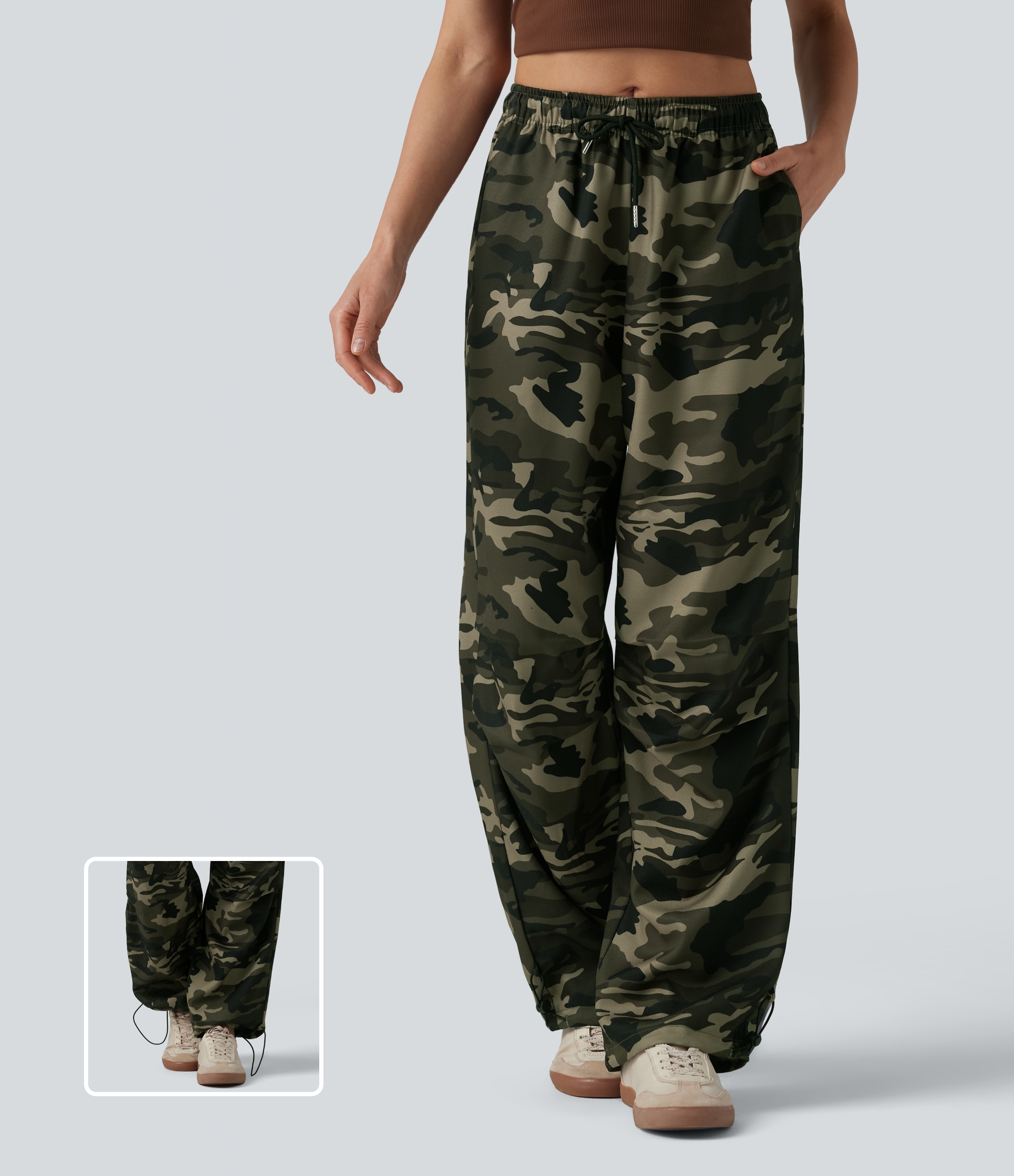 Mid Rise Drawstring Camo Casual Cargo Baggy Trousers with Pockets
