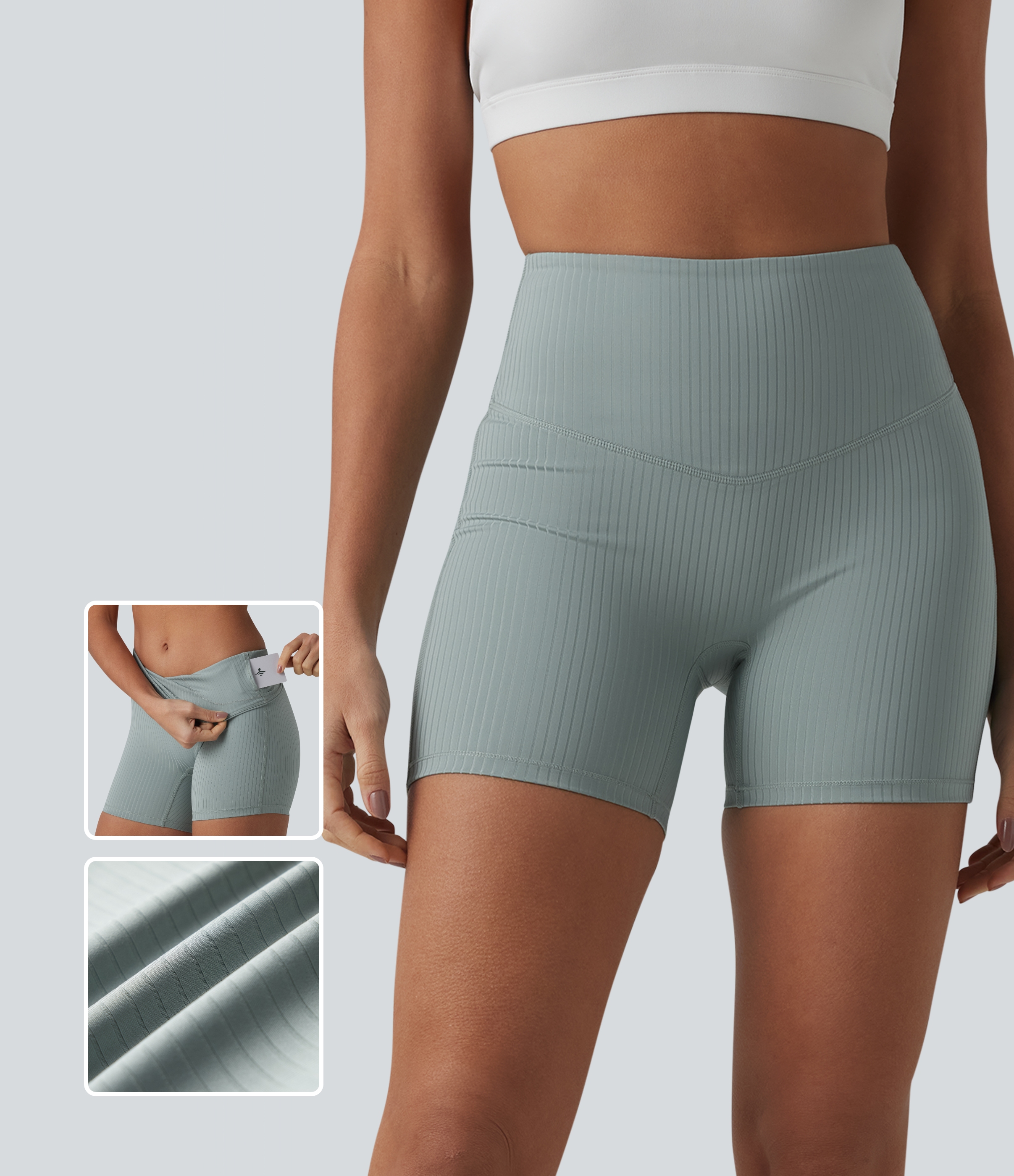 Short cycliste de yoga en maille côtelée taille haute 12,5 cm avec poche