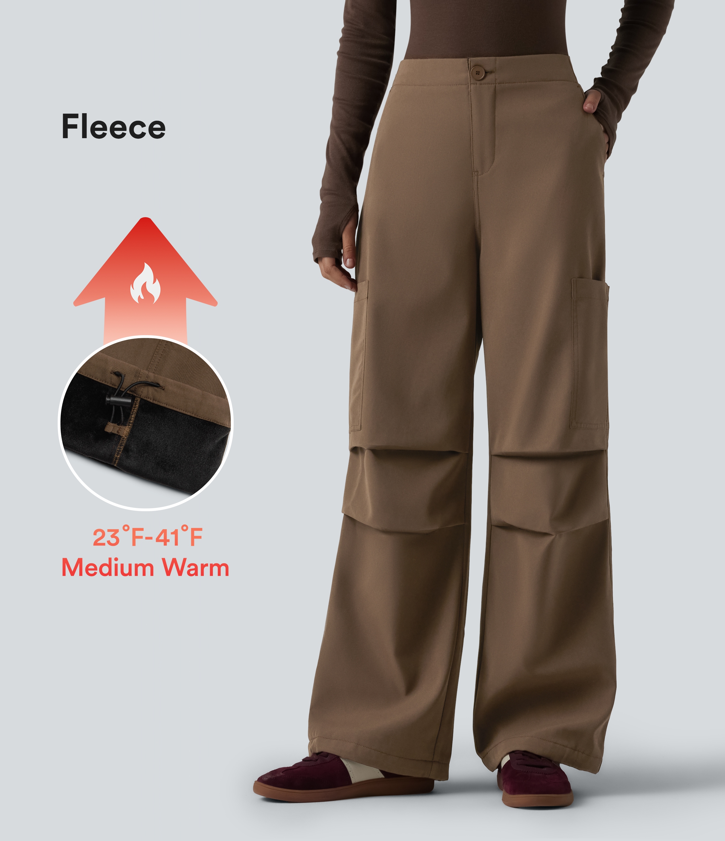 Pantalon parachute large fluide décontracté en polaire taille haute avec poches