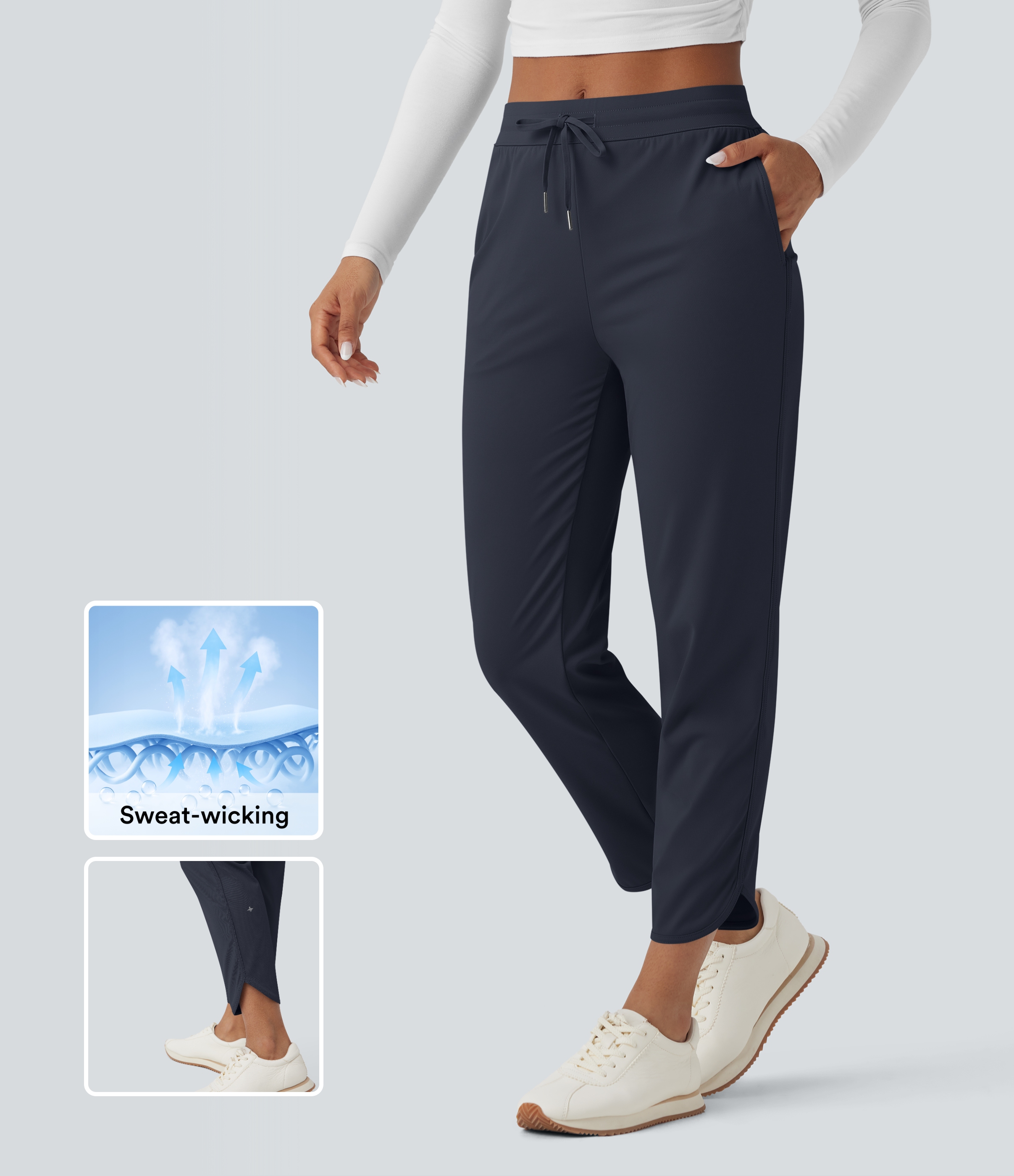 Mid Rise Drawstring Curved Hem Quick Dry Women Stright Leg Golf Tapered Pants with Pockets-UPF40+