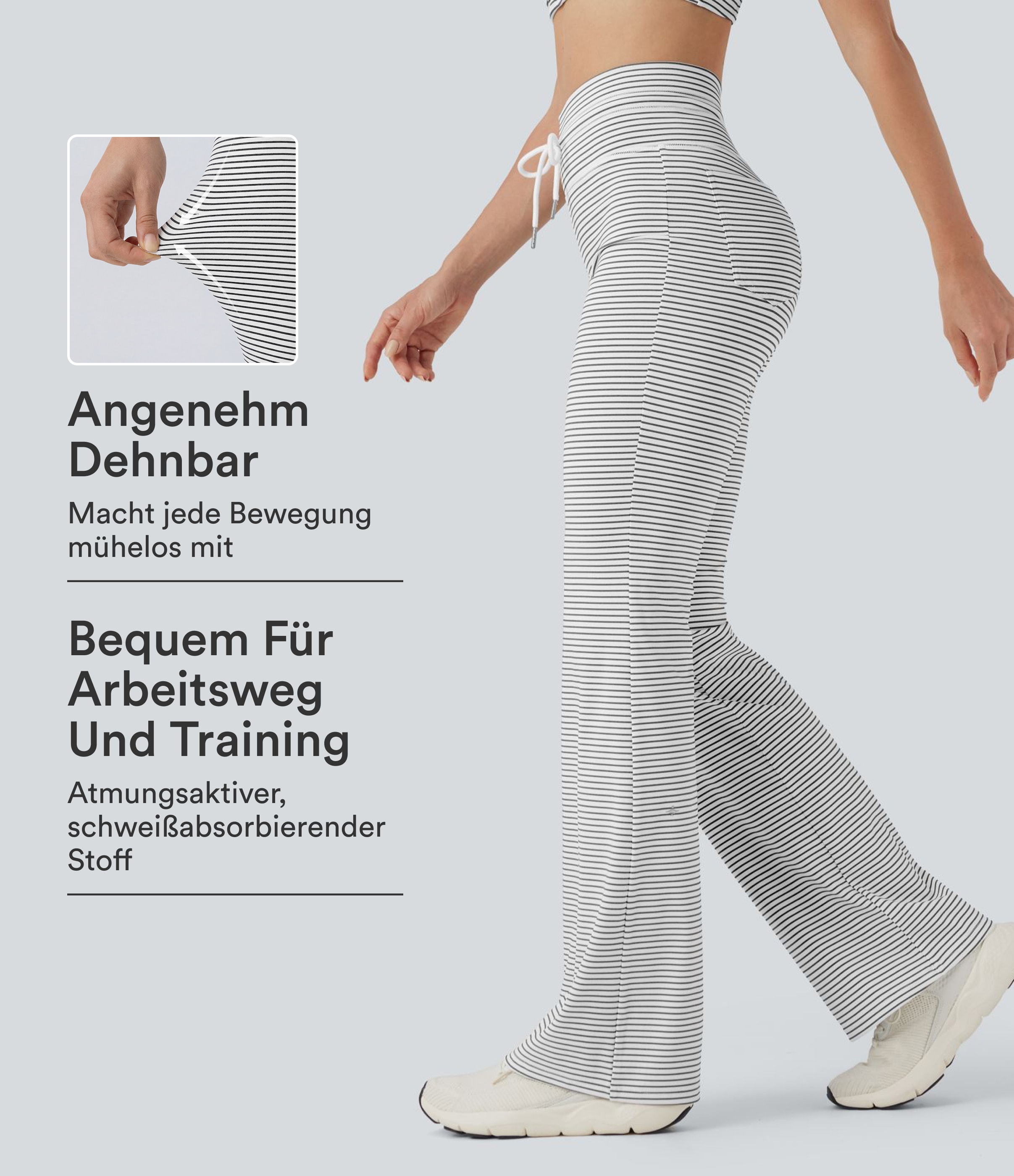 Yoga-Schlaghose mit hohem Bund, Kordelzug und Streifen