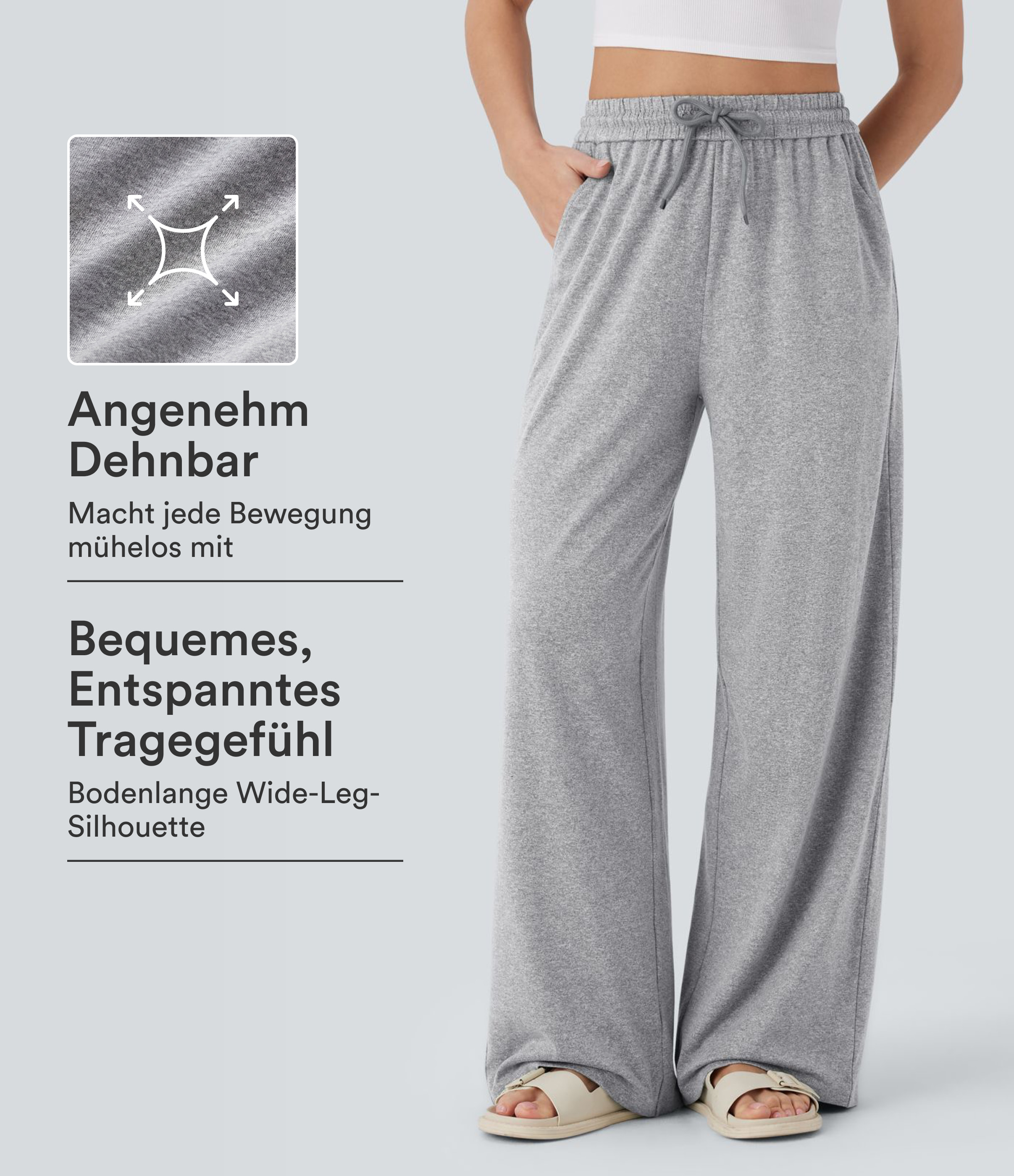 Fog Gray Freizeithose mit hohem Bund, Kordelzug, Seitentaschen und weitem Bein / 1