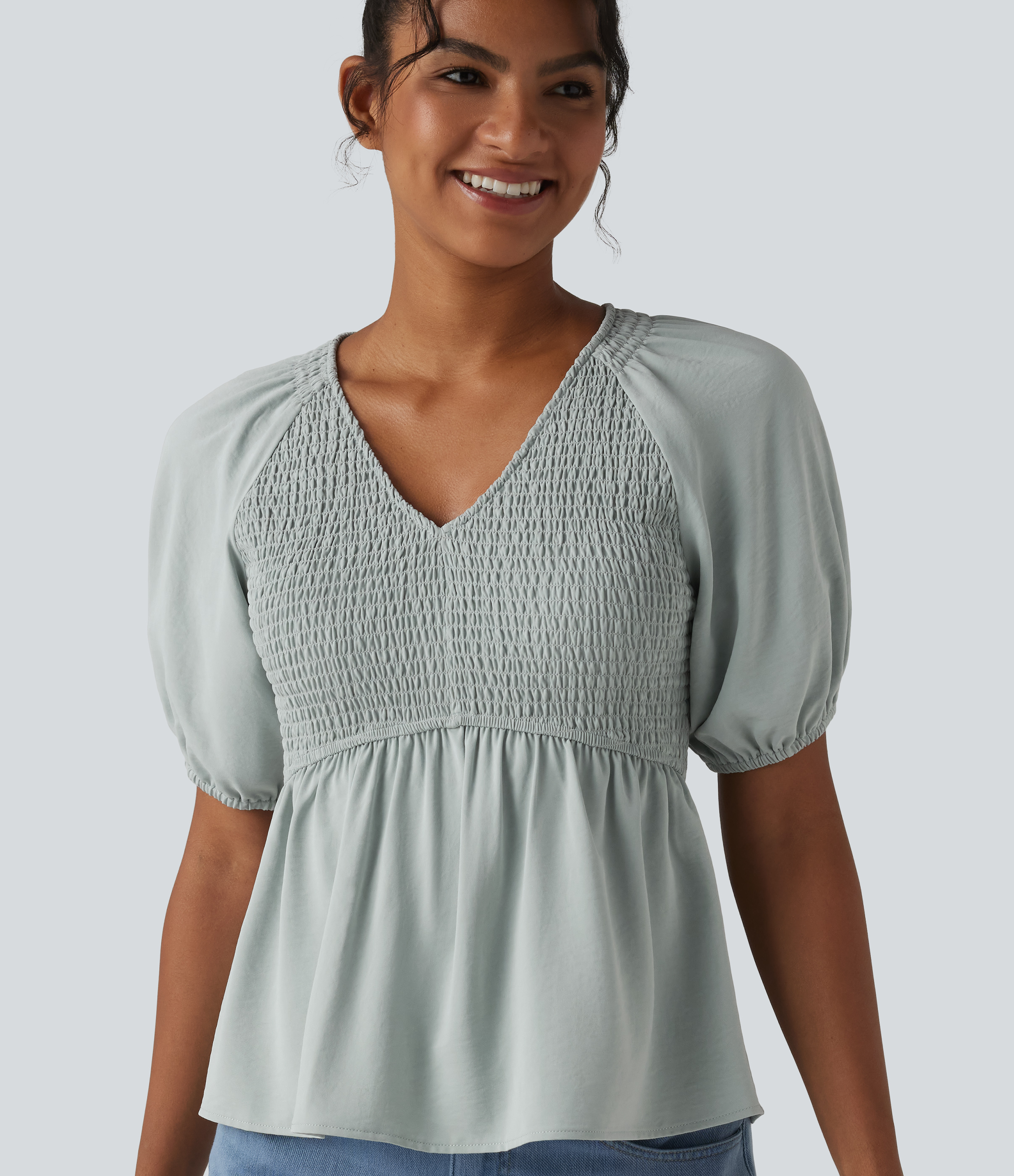 V Neck Puff Short Sleeve Shirred Casual Blouse