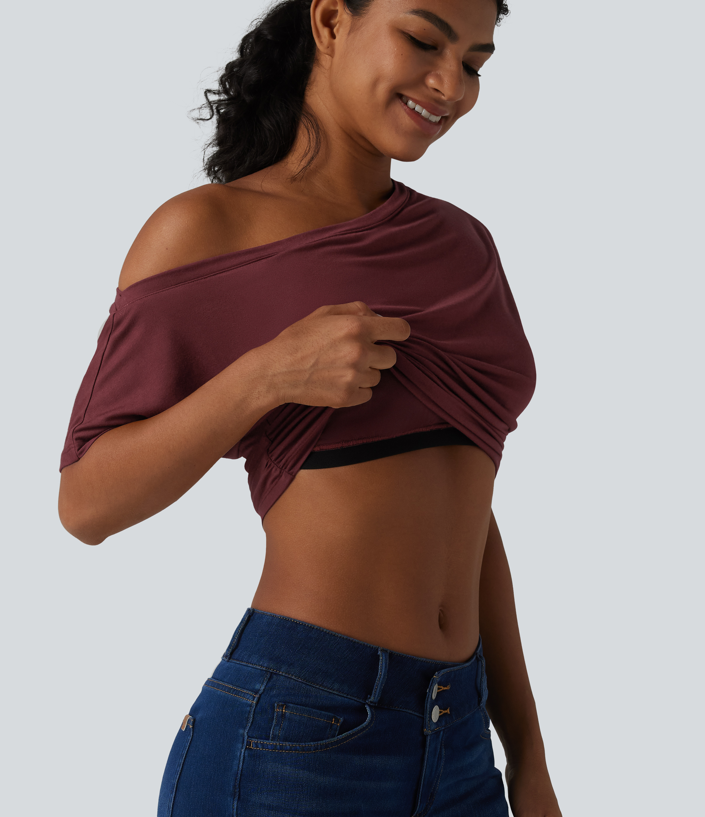 New Maroon One-shoulder Short Sleeve Ruched Built-in Bra Casual T-Shirt / 1