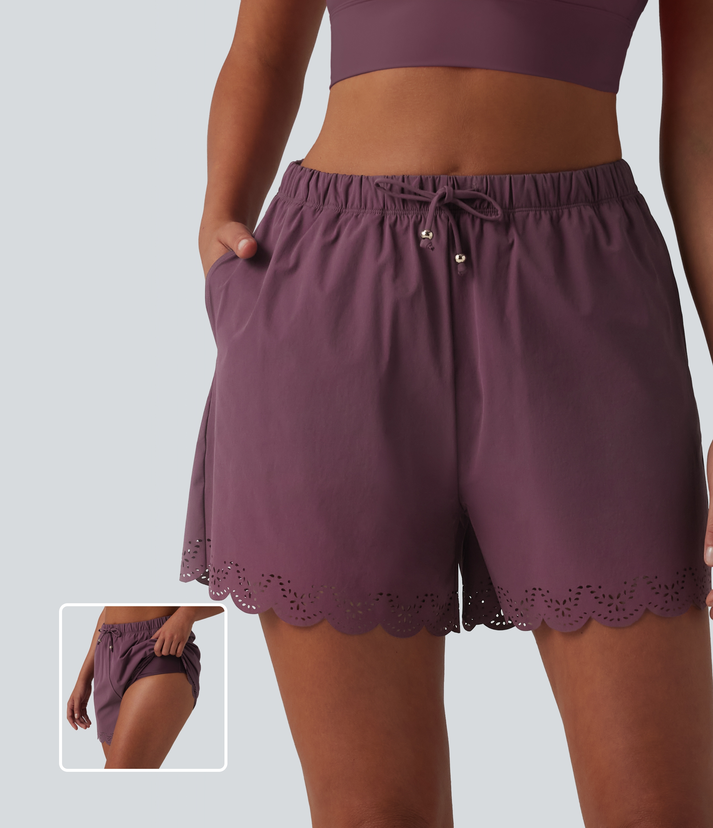 High Waisted Drawstring 2-in-1 Bikini Bottom Swimsuit 3'' with Pockets