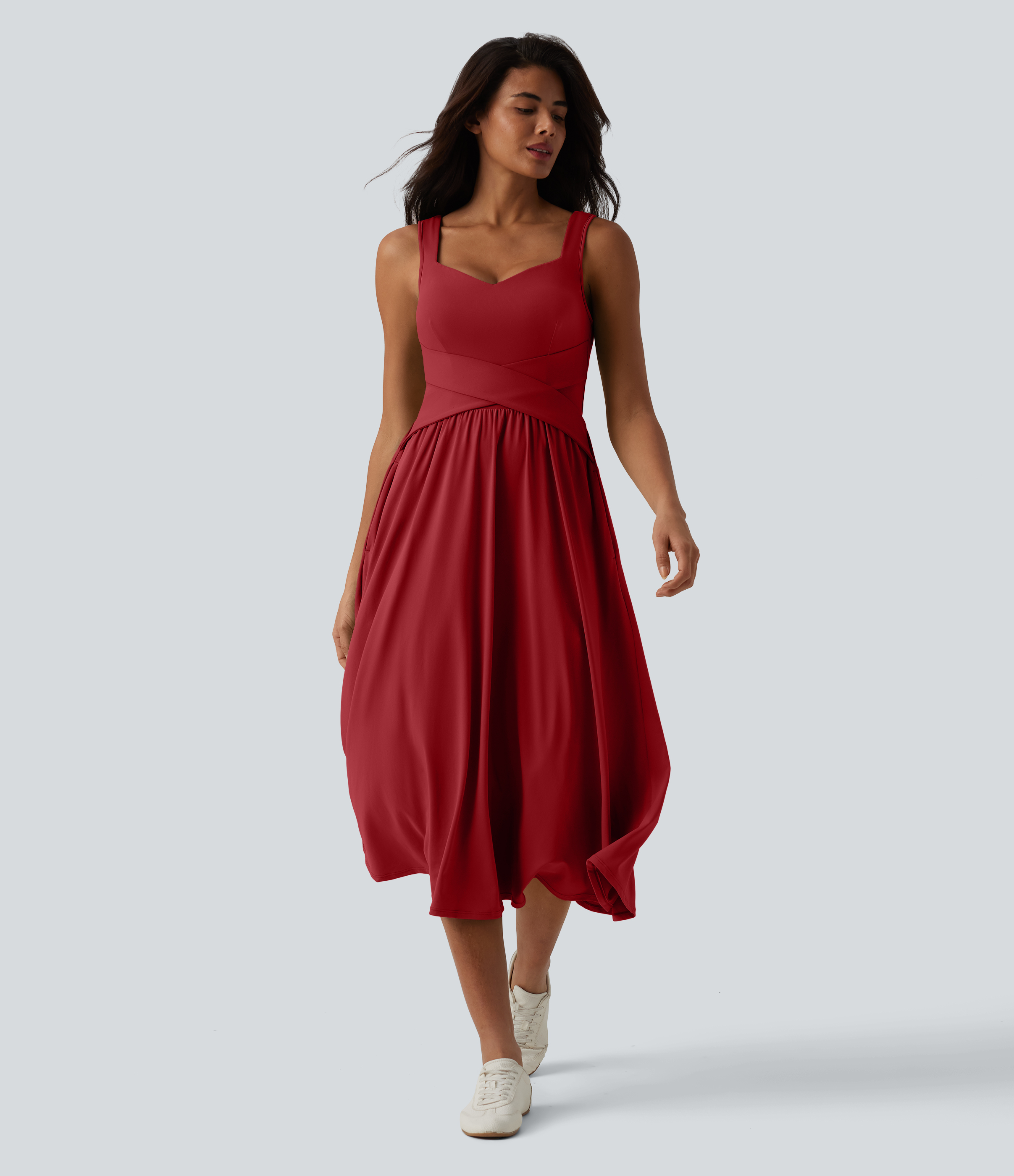 Robe midi fluide sans manches dos croisé, avec brassière intégrée (Bonnets E-G) et poches