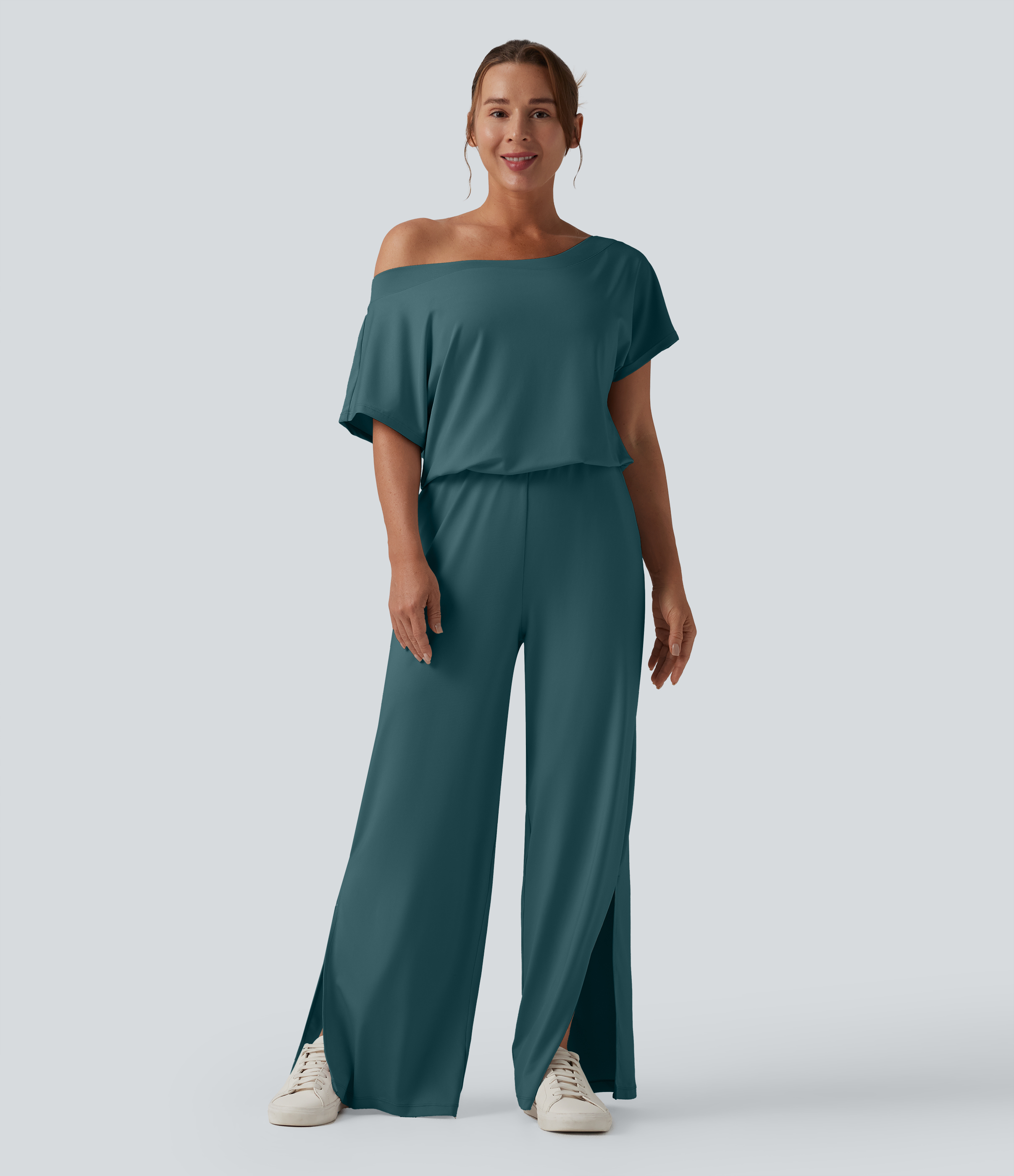 One-shoulder Short Sleeve Split Hem Casual Jumpsuit with Pockets-Easy Peezy