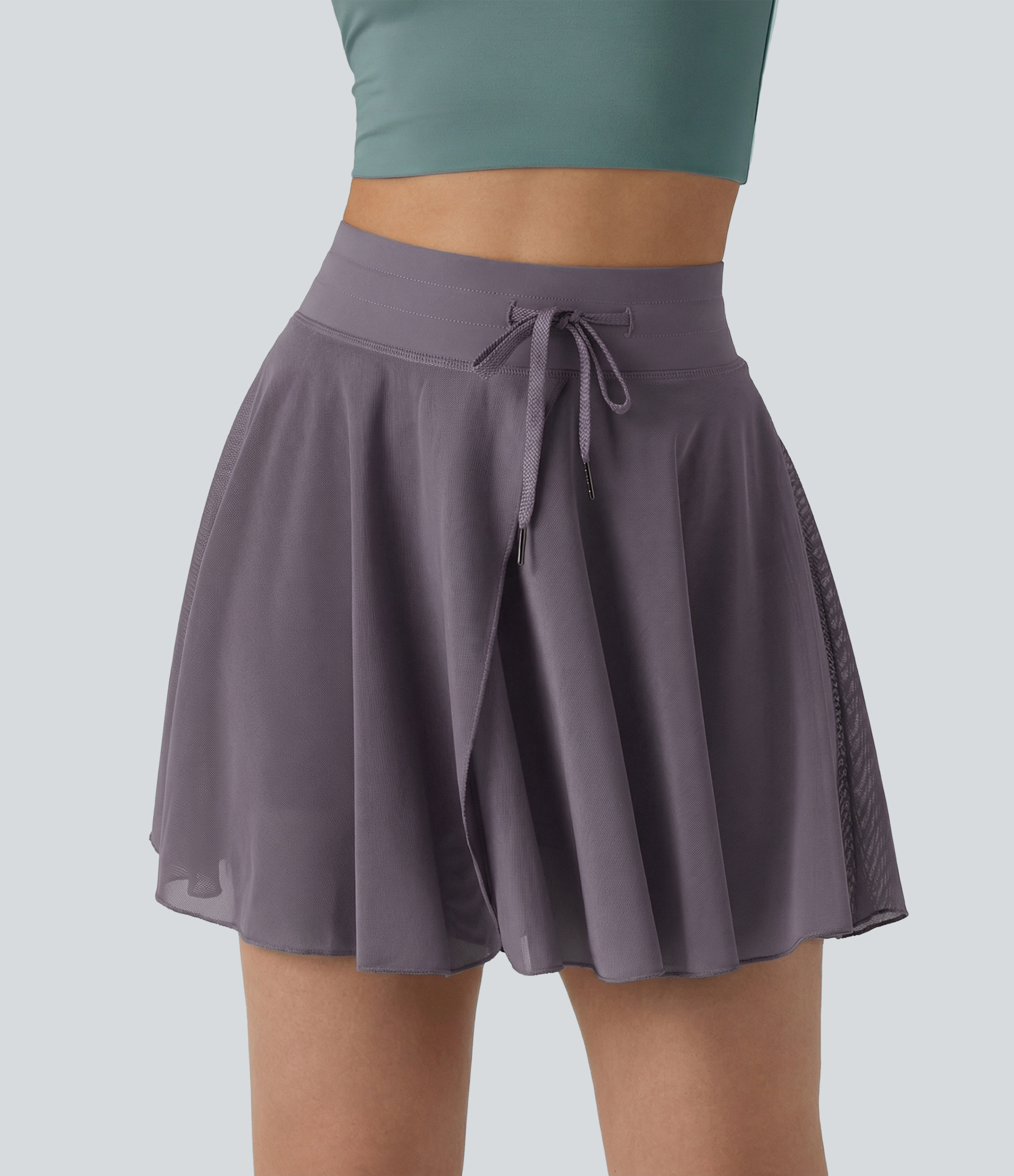 High Waisted Drawstring Contrast Mesh 2-in-1 Pocket Flowy Mini Flare Casual Skirt-Longer Length